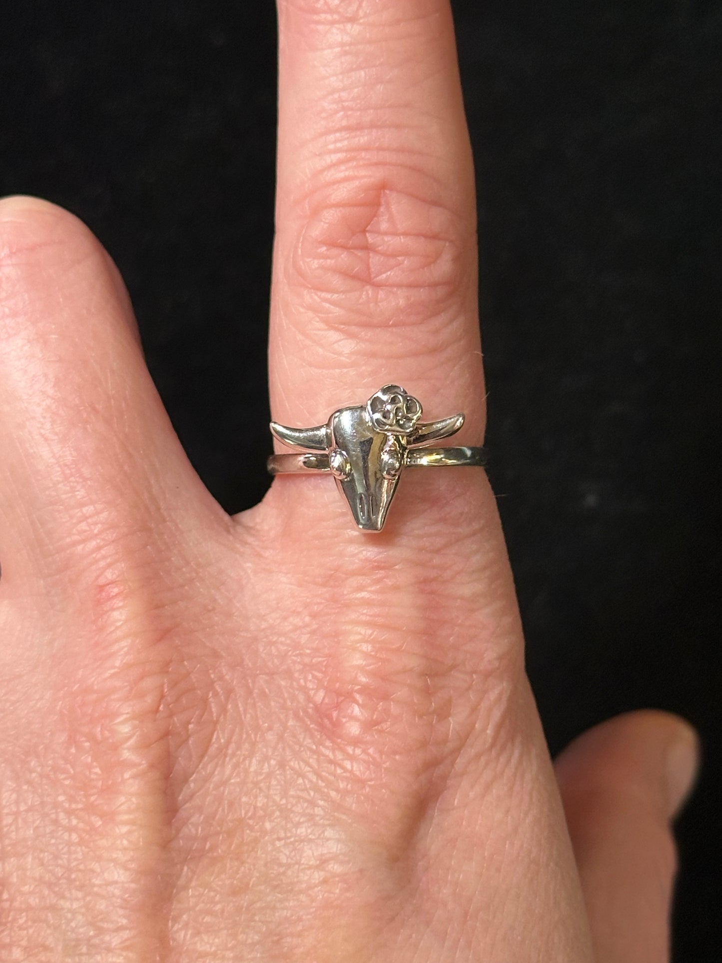 Sterling Silver Steer Head with Flower Ring