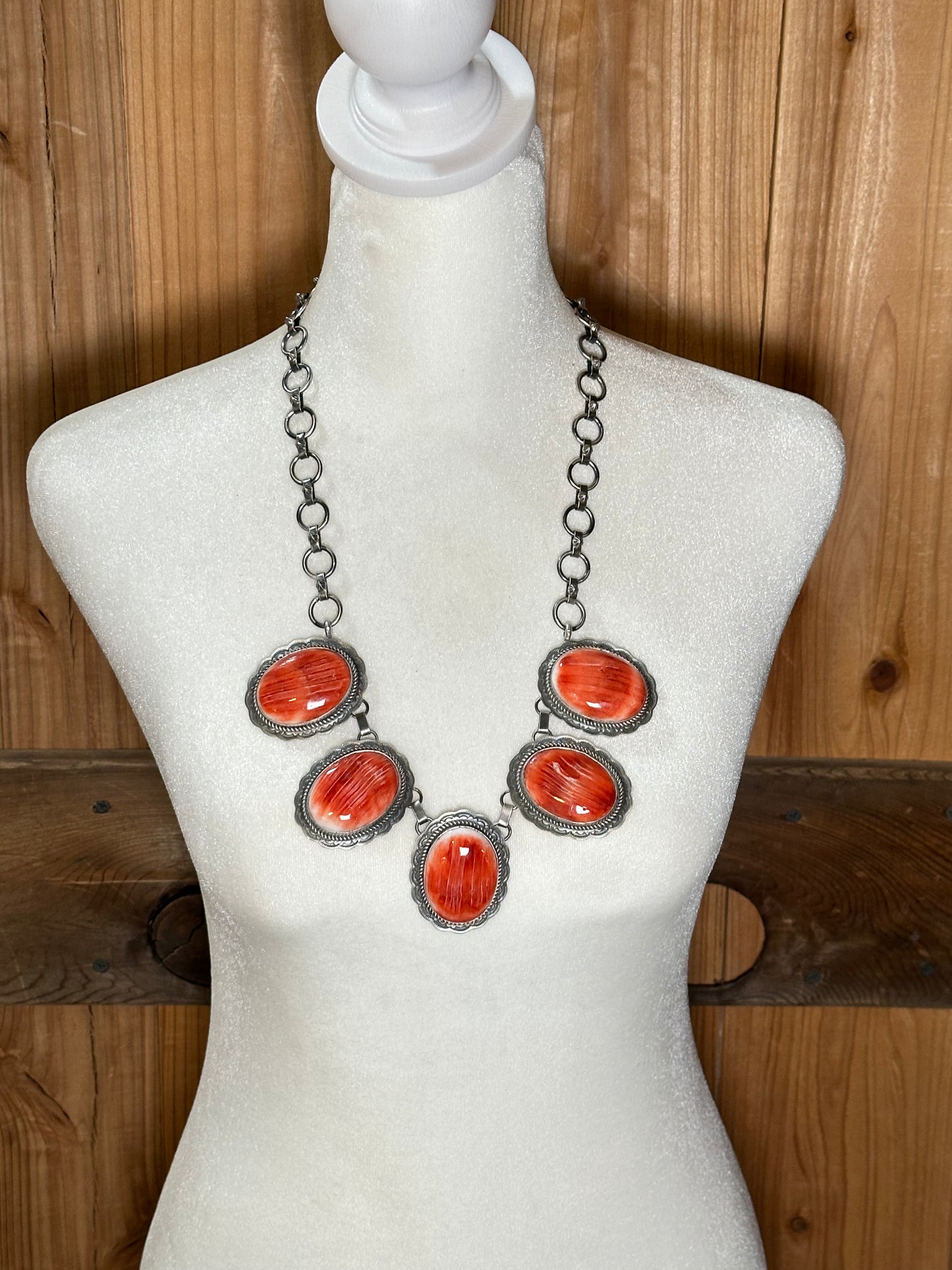 26" Necklace with Spiny Oyster Stones by T. Nez, Sr, Navajo