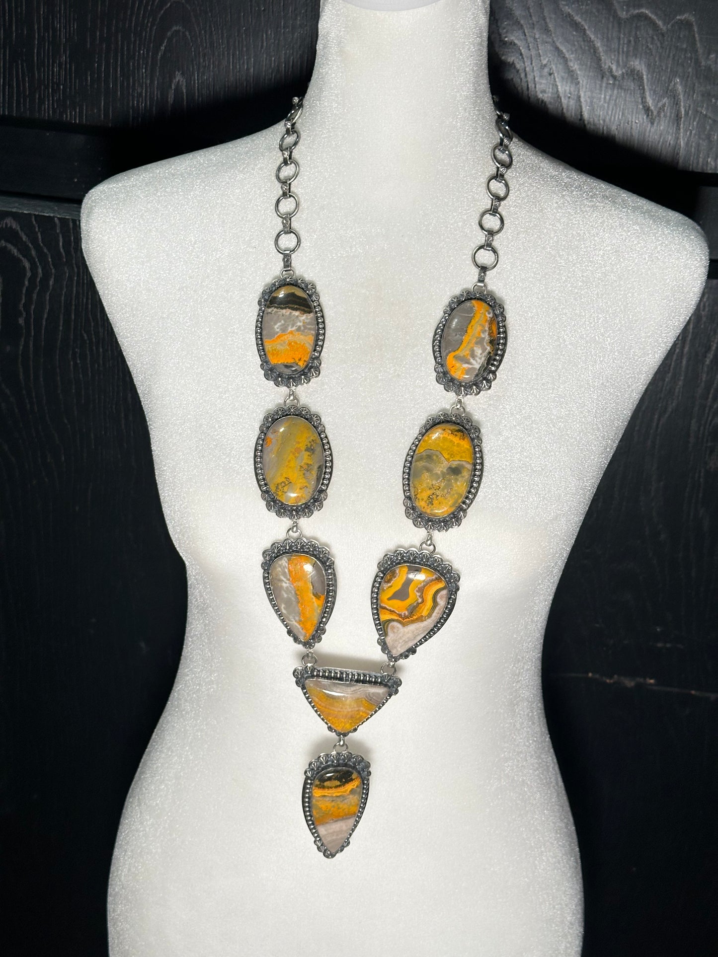 30"+4" Bumblebee Jasper Lariat by Calvin Delgarito, Navajo