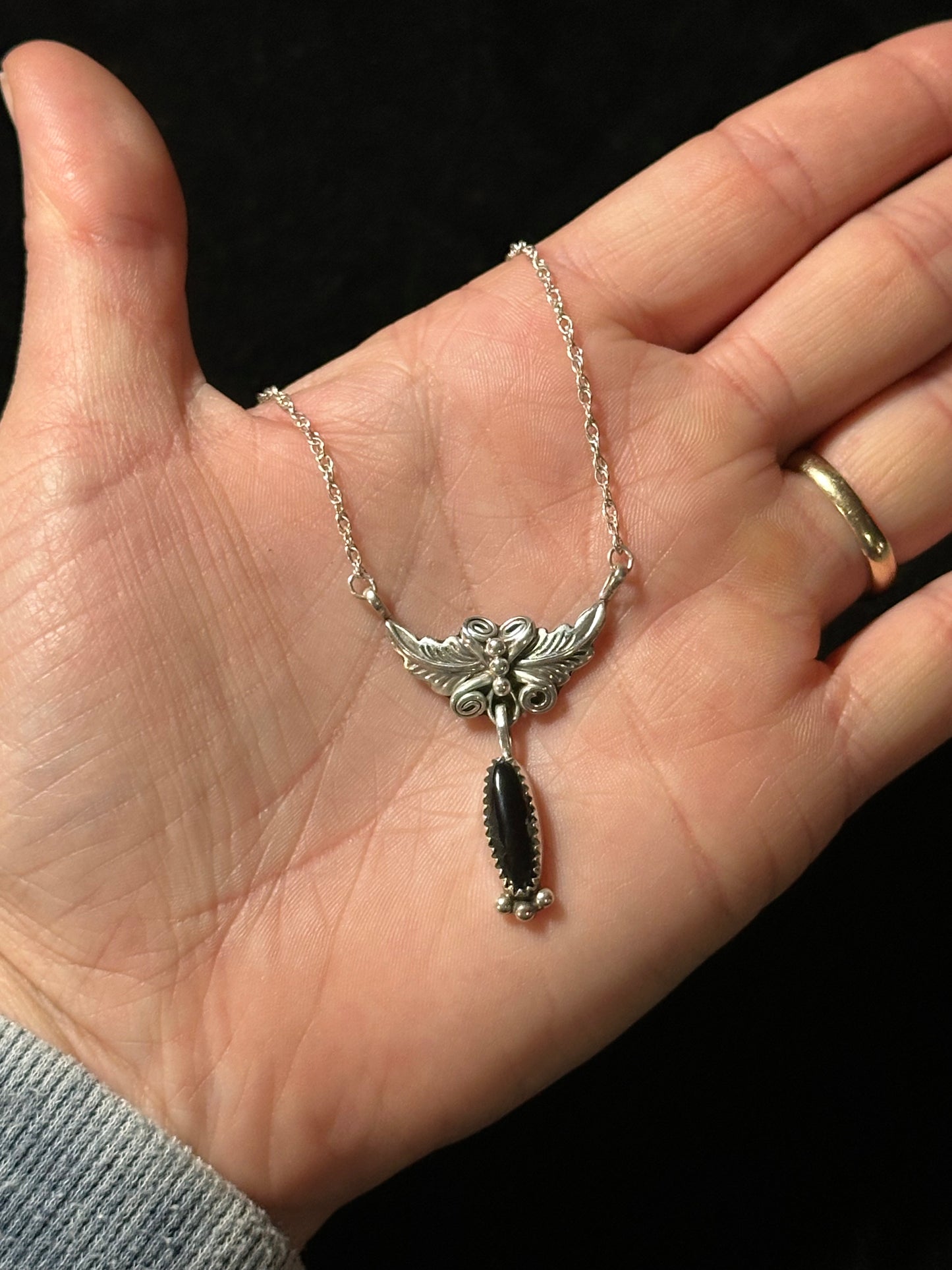 16” Black Onyx Dangle Necklace by Amie Spencer, Navajo
