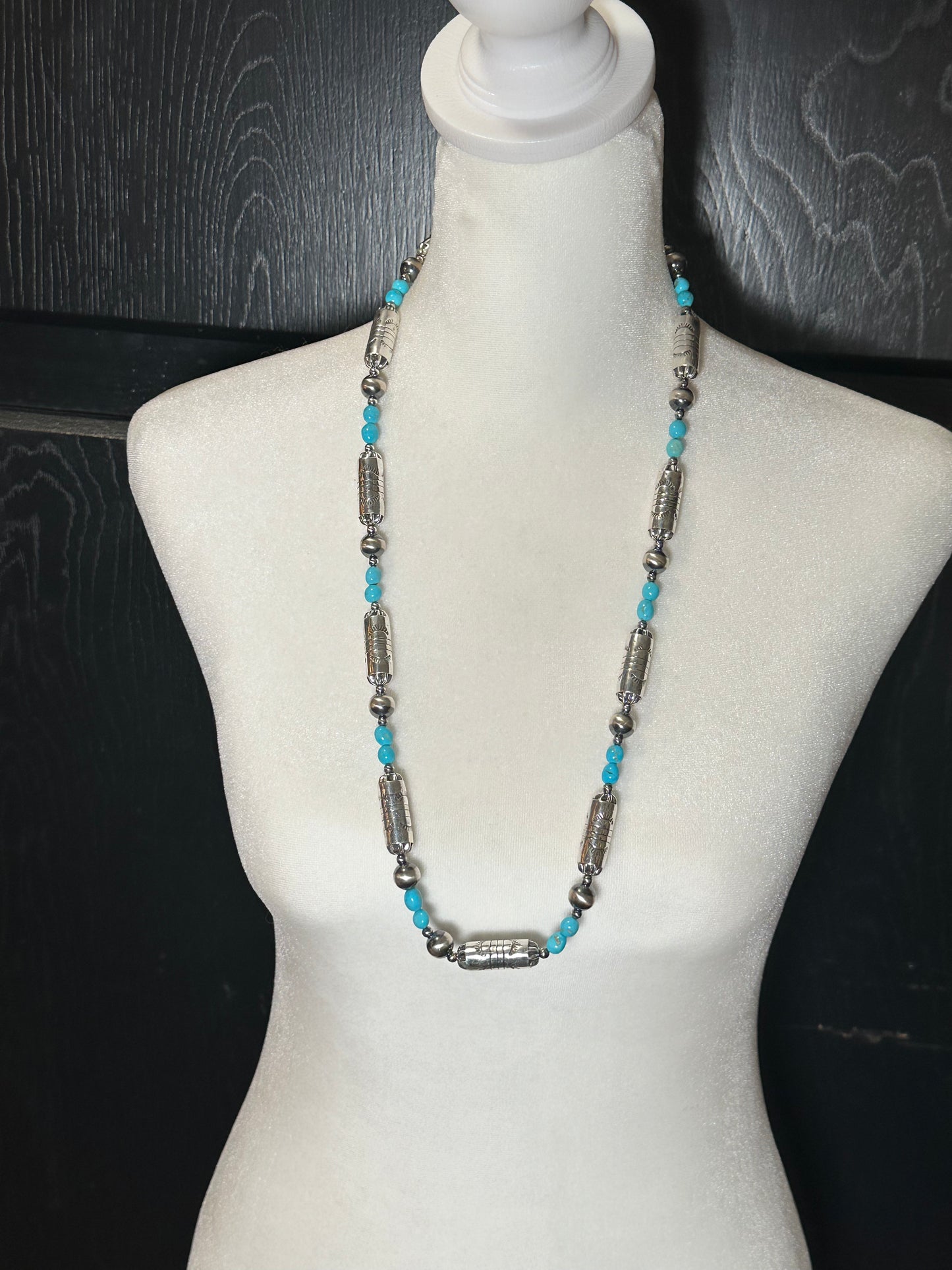 28" Sleeping Beauty Turquoise Nuggets and Navajo Style Pearls Necklace