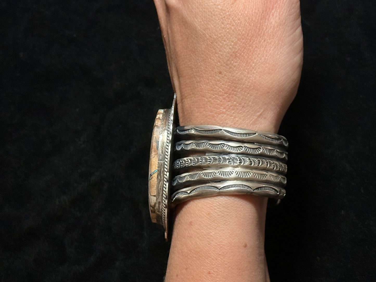 6 1/2"-7 1/2" Boulder Ribbon Turquoise Cuff by John Nelson, Navajo
