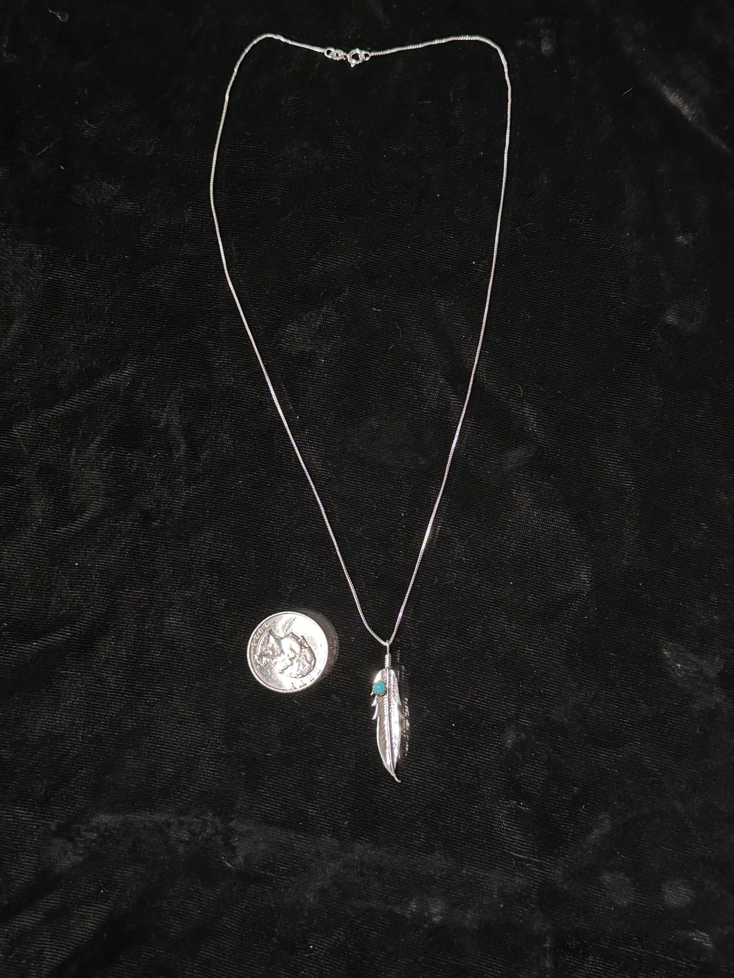 20" Necklace with Feather and Turquoise Stone by Louise Joe, Navajo