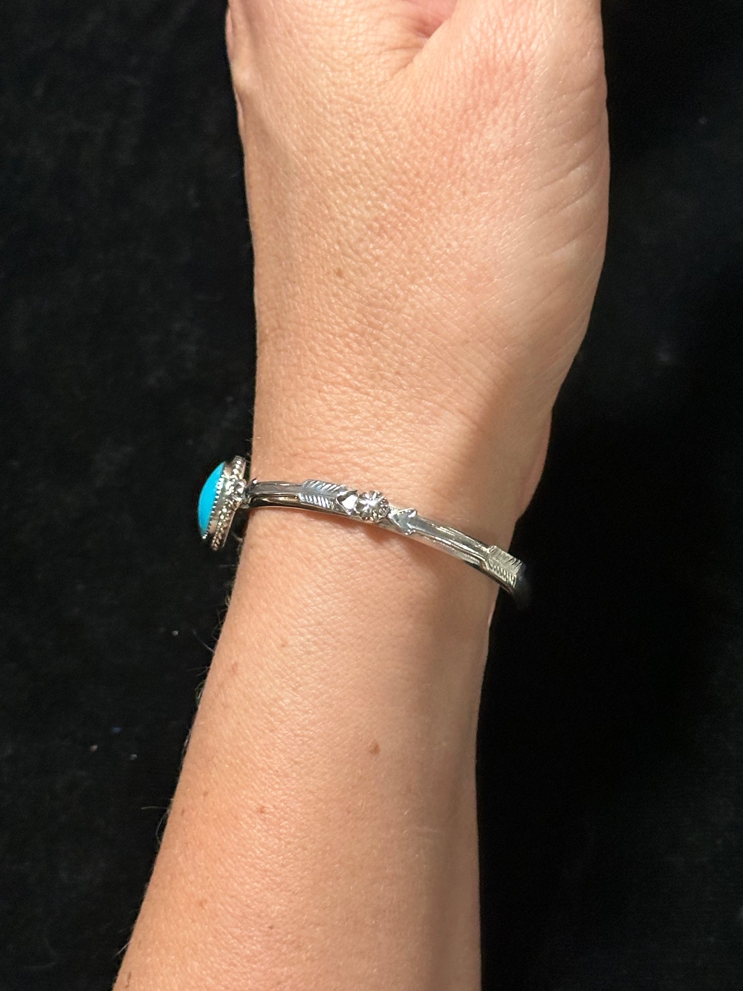 6 1/4”-7 1/2” Turquoise Arrow Cuff Bracelet by Marie Jones, Navajo