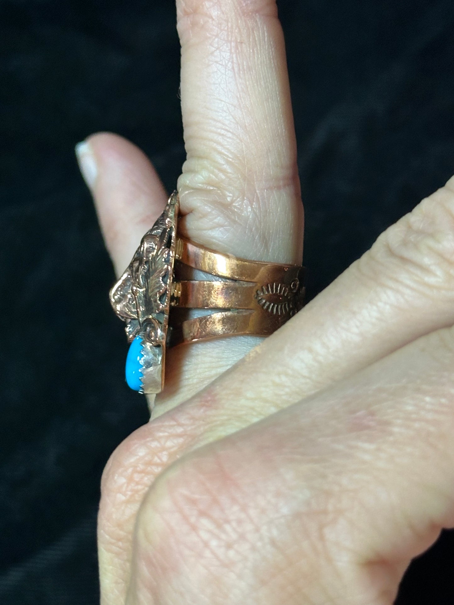 Copper Grizzly Bear Ring with 2 Turquoise Stones by Running Bear