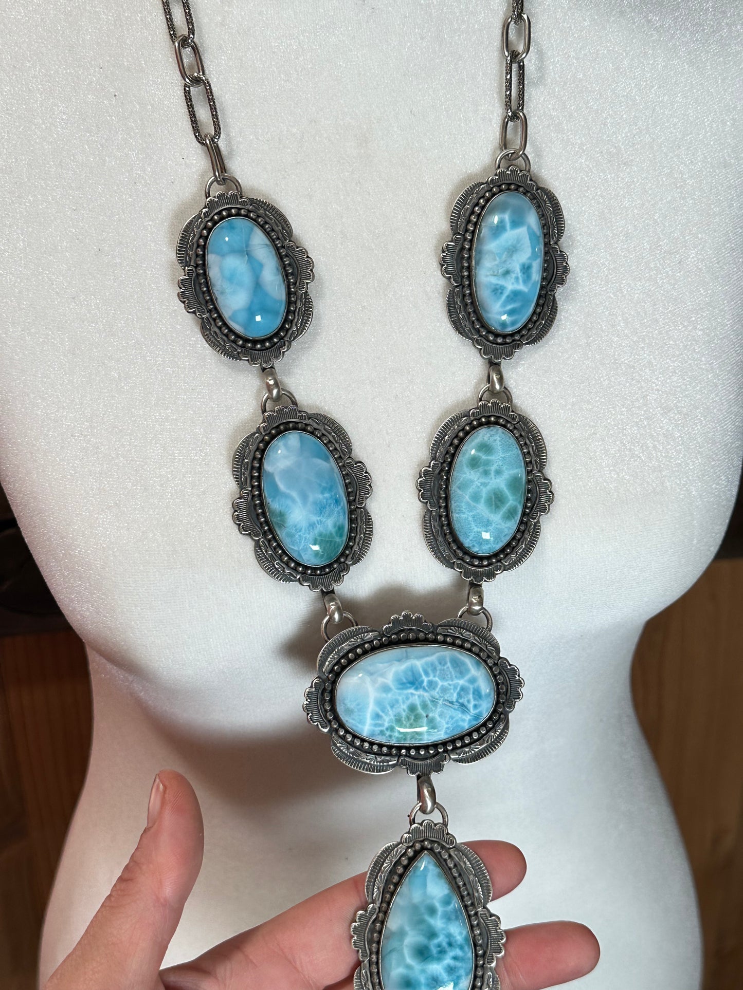 25”+6” Larimar Lariat Necklace by Tim Vandever, Navajo