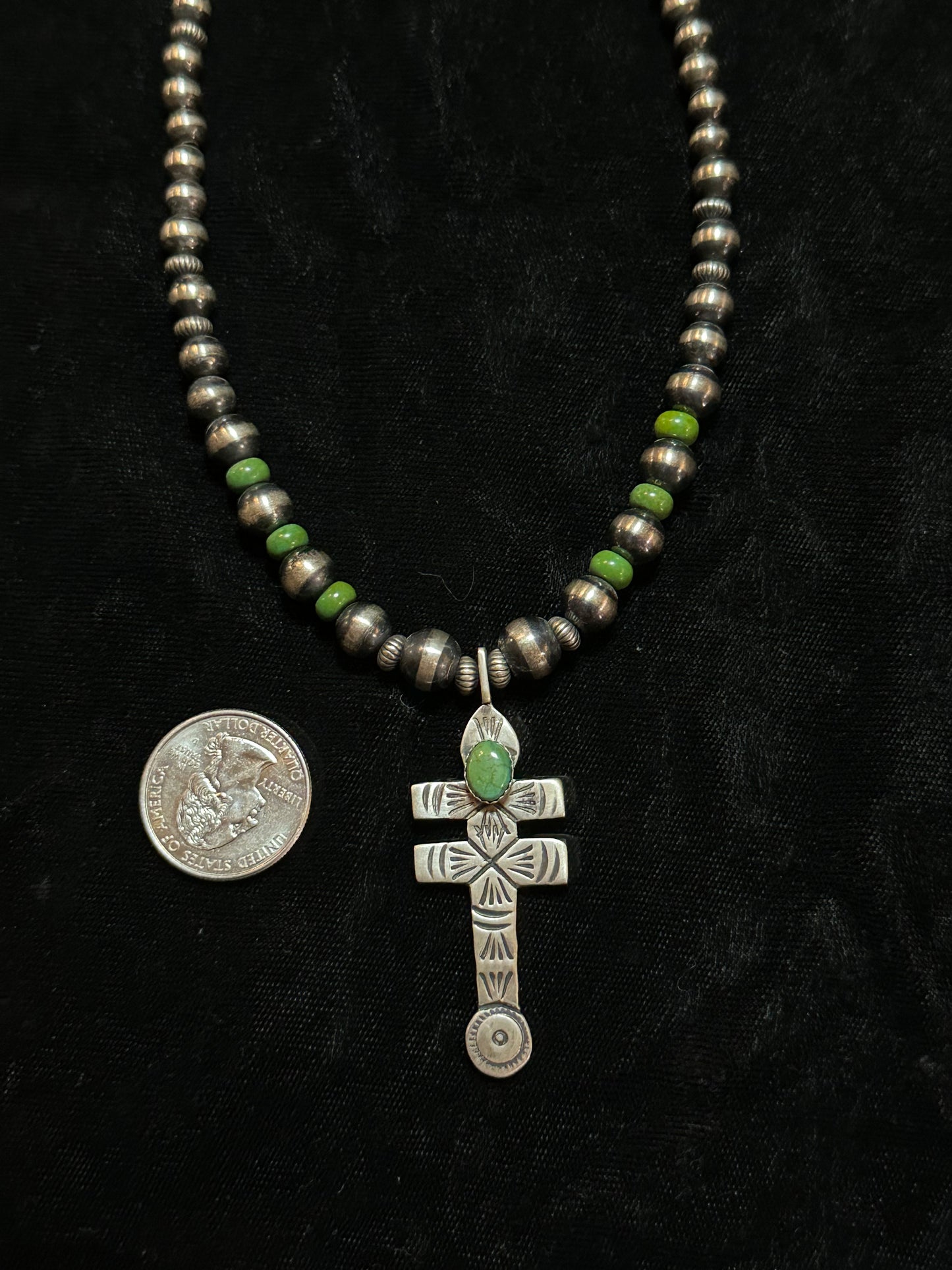 Graduated Navajo Style Pearls and Green Turquoise with Pendant