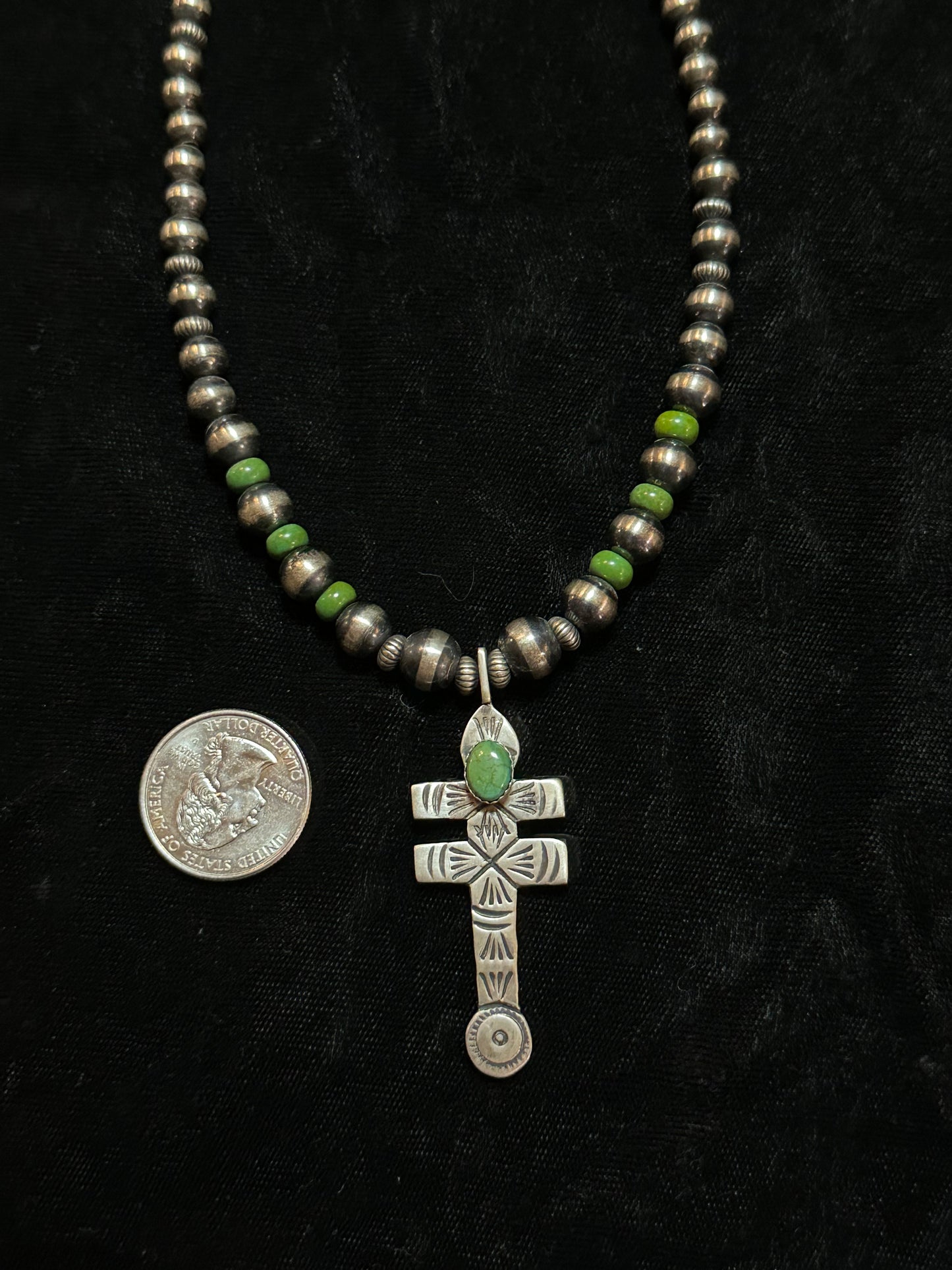 Graduated Navajo Pearls and Green Turquoise with Pendant