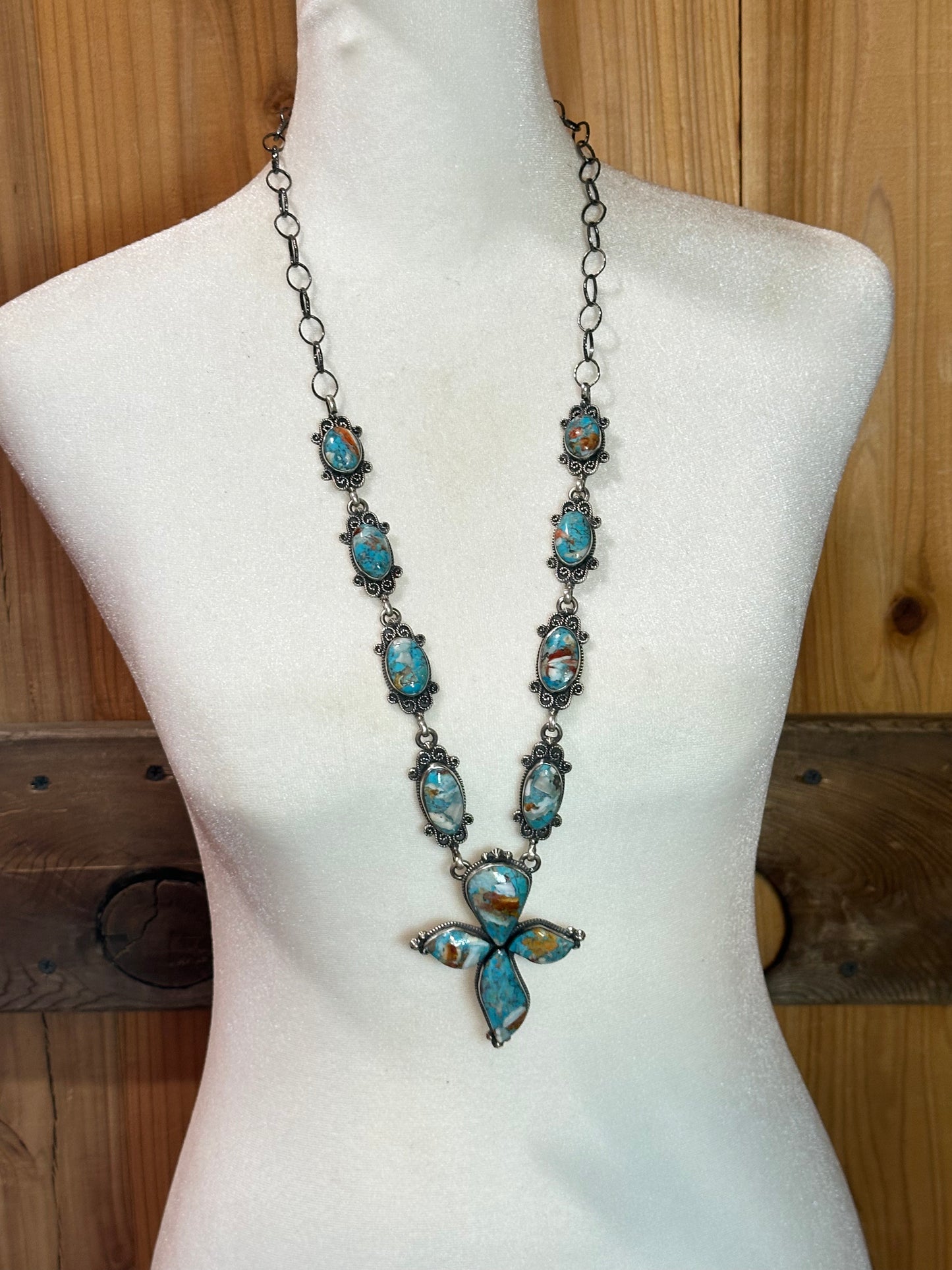 Spiny Turquoise Cross Lariat Style Necklace by Zia