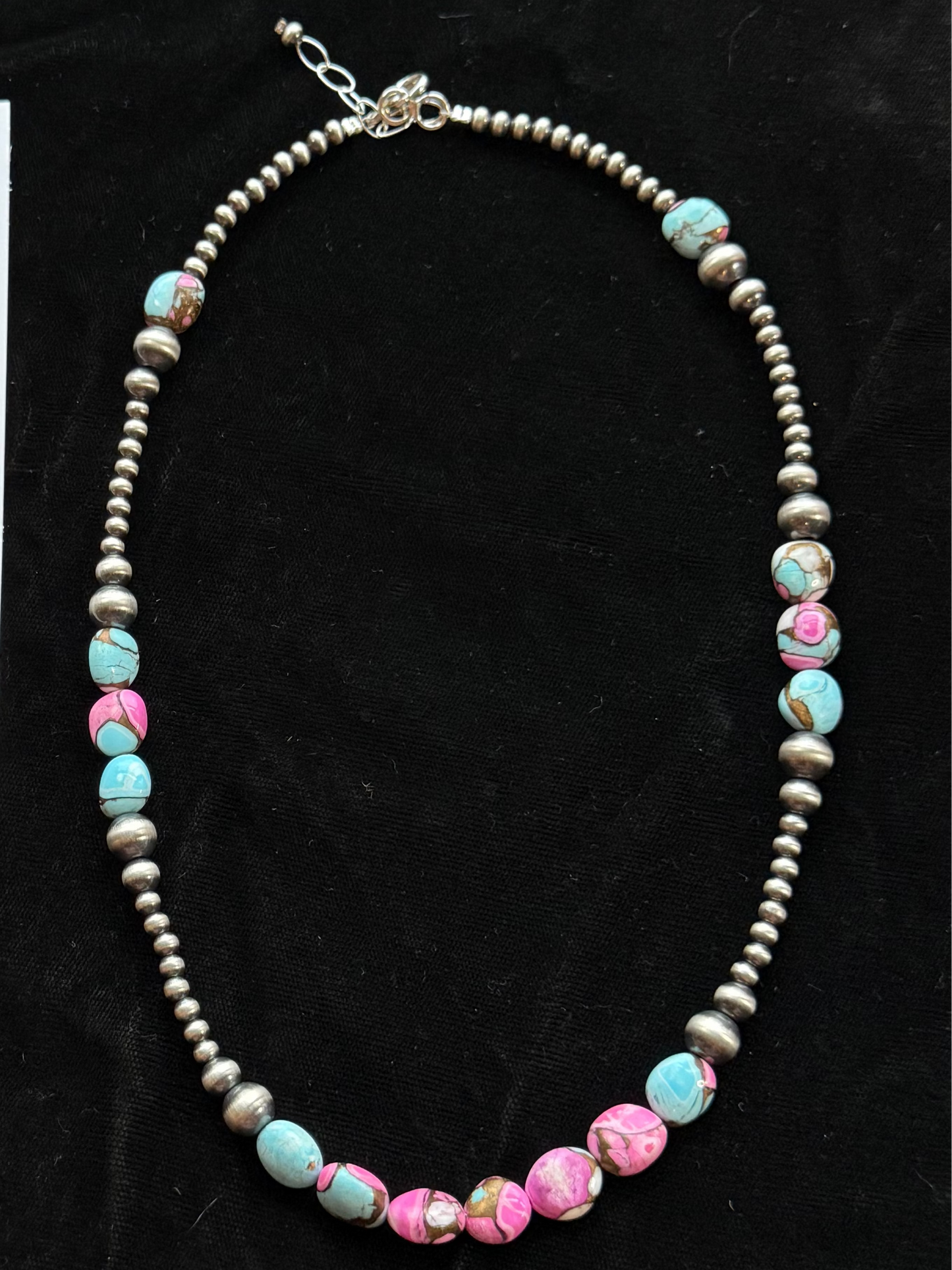 LOT 91 1/25 19" + 1" extender, Varied Size Navajo Style Pearls with Cotton Candy Beads