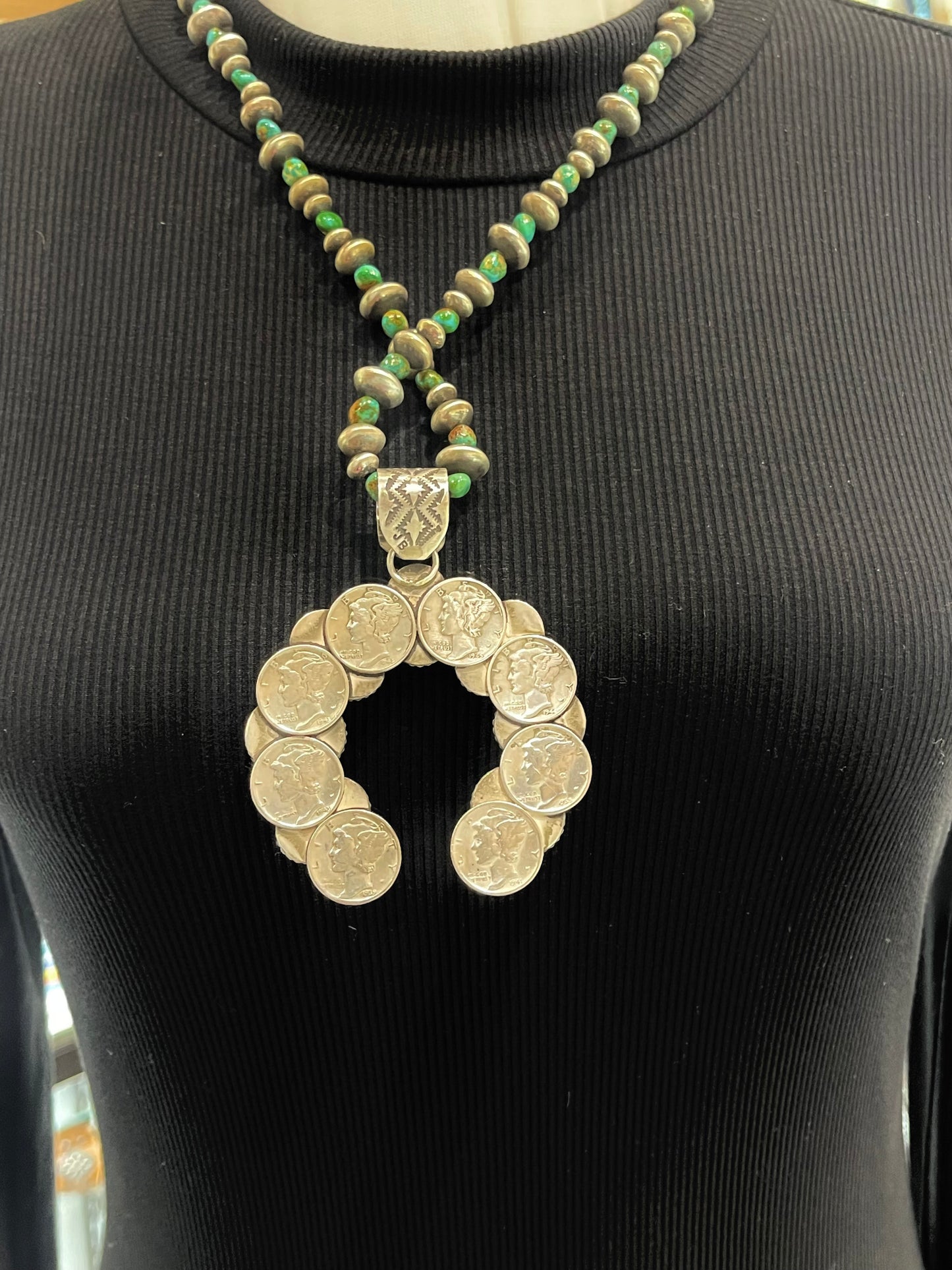 24” Handmade Navajo Pearls Reversible 11mm Bail Mercury Dimes Turquoise Naja Pendant by James Begay, Jr., Navajo