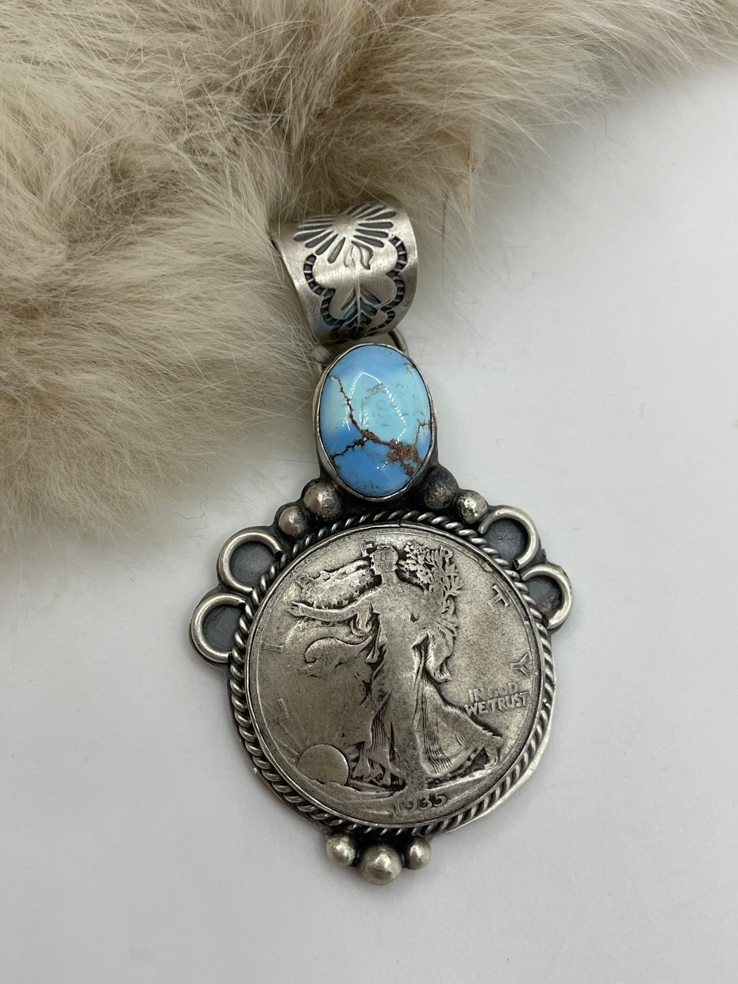 10.5mm Bail 1935 Half Dollar Golden Hills Pendant By Boyd Ashley, Navajo