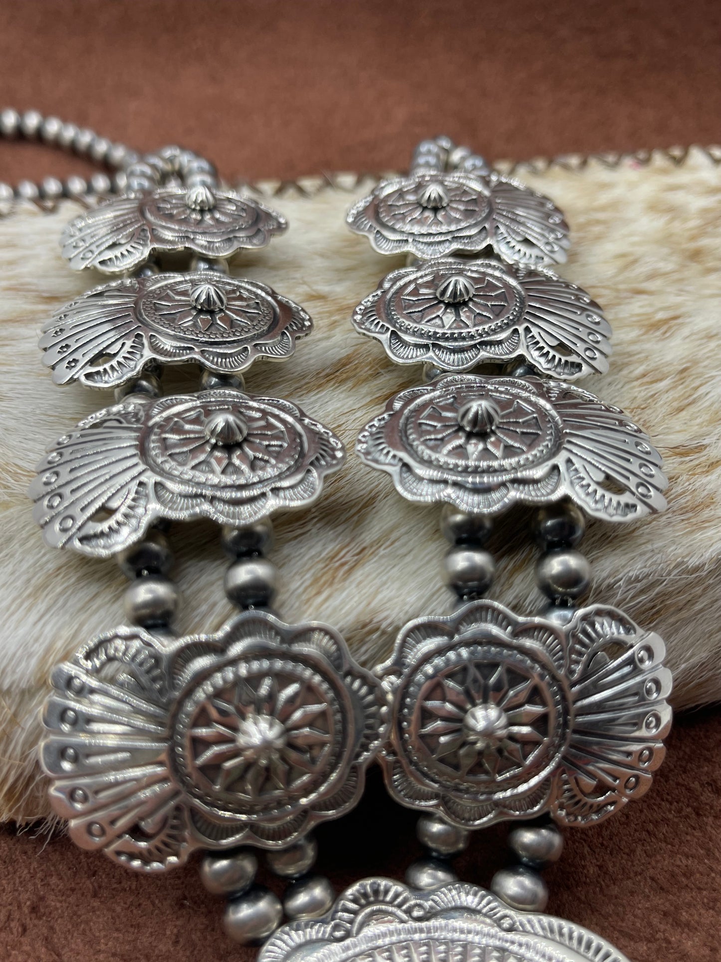 24" 6mm Navajo Pearl Stamped Silver Concho Style Squash, Navajo maker marked