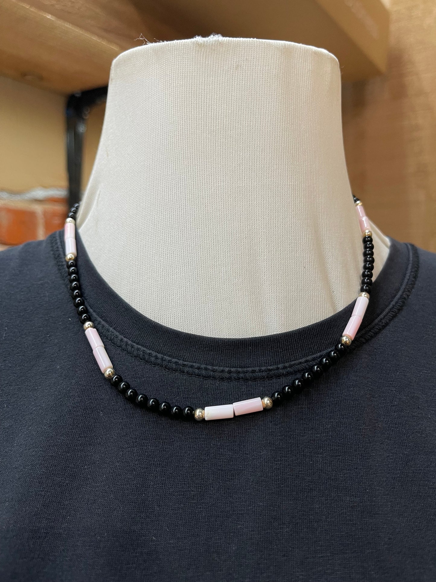 18" Black Onyx, Pink Conch Shell, and Silver Pearl Necklace