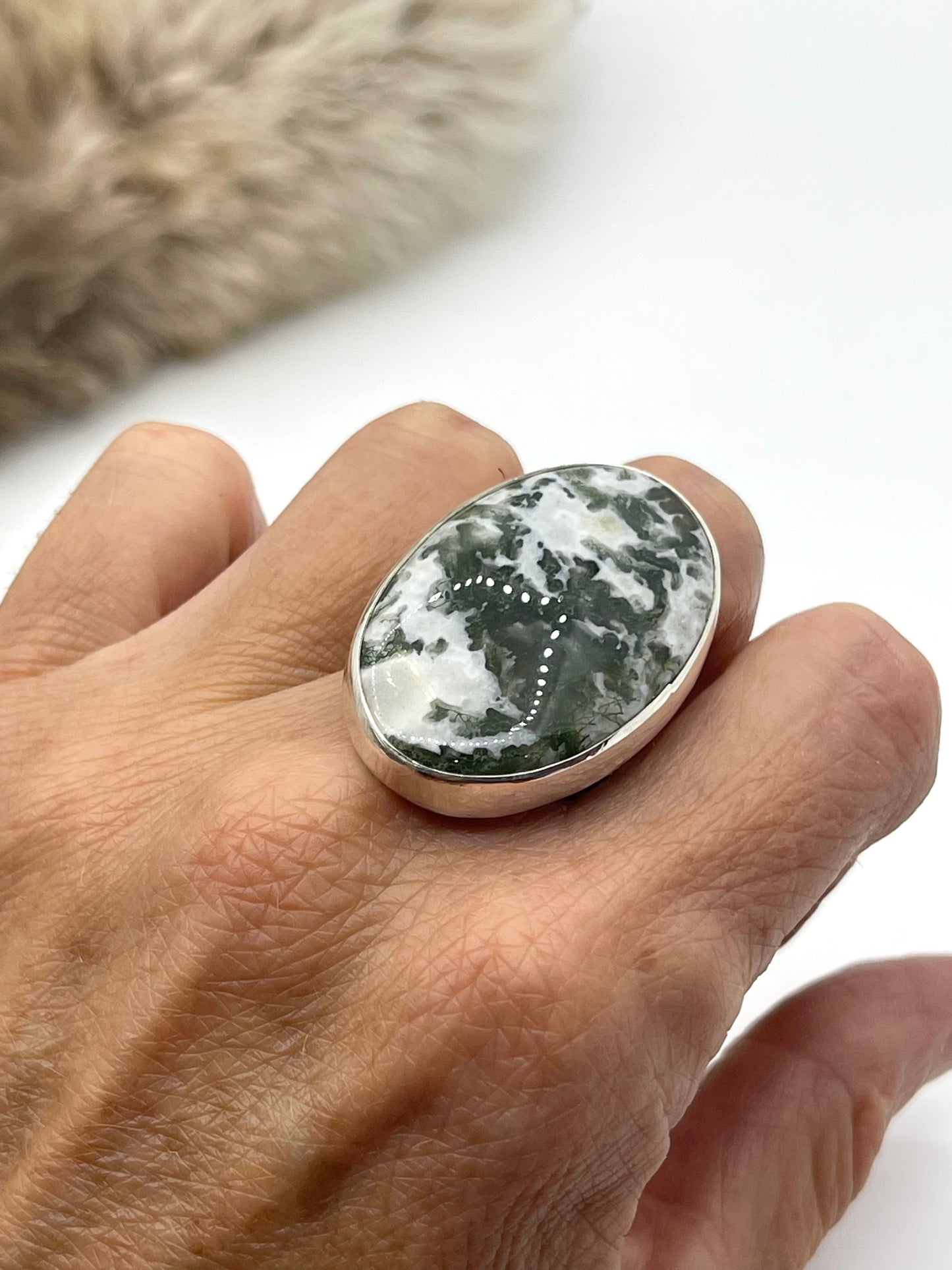 8.5 Moss Agate Ring by Lawrence Willie, Navajo