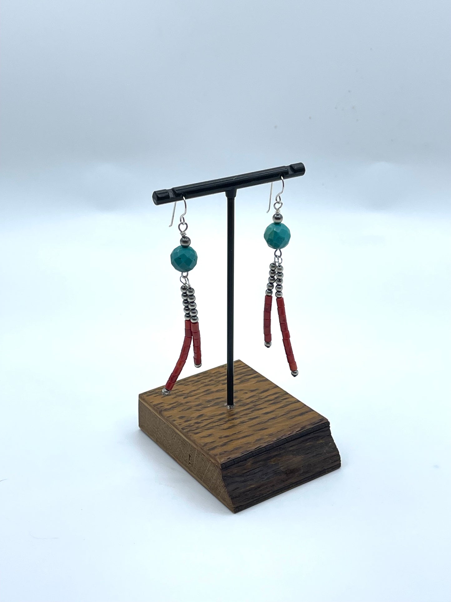 Turquoise Faceted Bead Earrings with 3mm Navajo Style Pearls & Red Coral Tassel