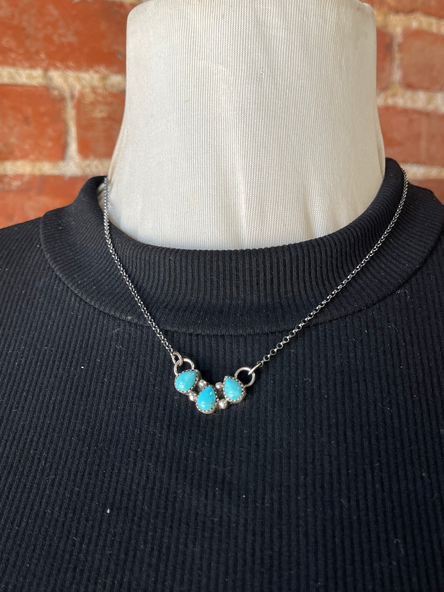 LOT 15 11/2 16" 3 Stone Dainty Turquoise Necklace by Maxine Ramirez, Navajo