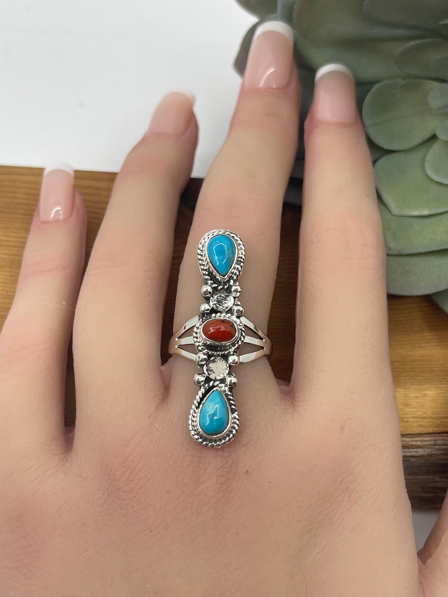 8.0 Turquoise and Red Coral Ring by Jerryson Henio, Navajo
