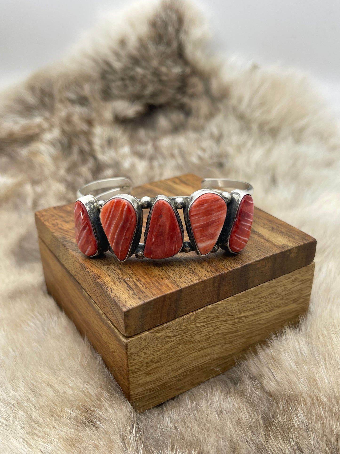 5 Stone Red Spiny Oyster Cuff by Augustine Largo, Navajo
