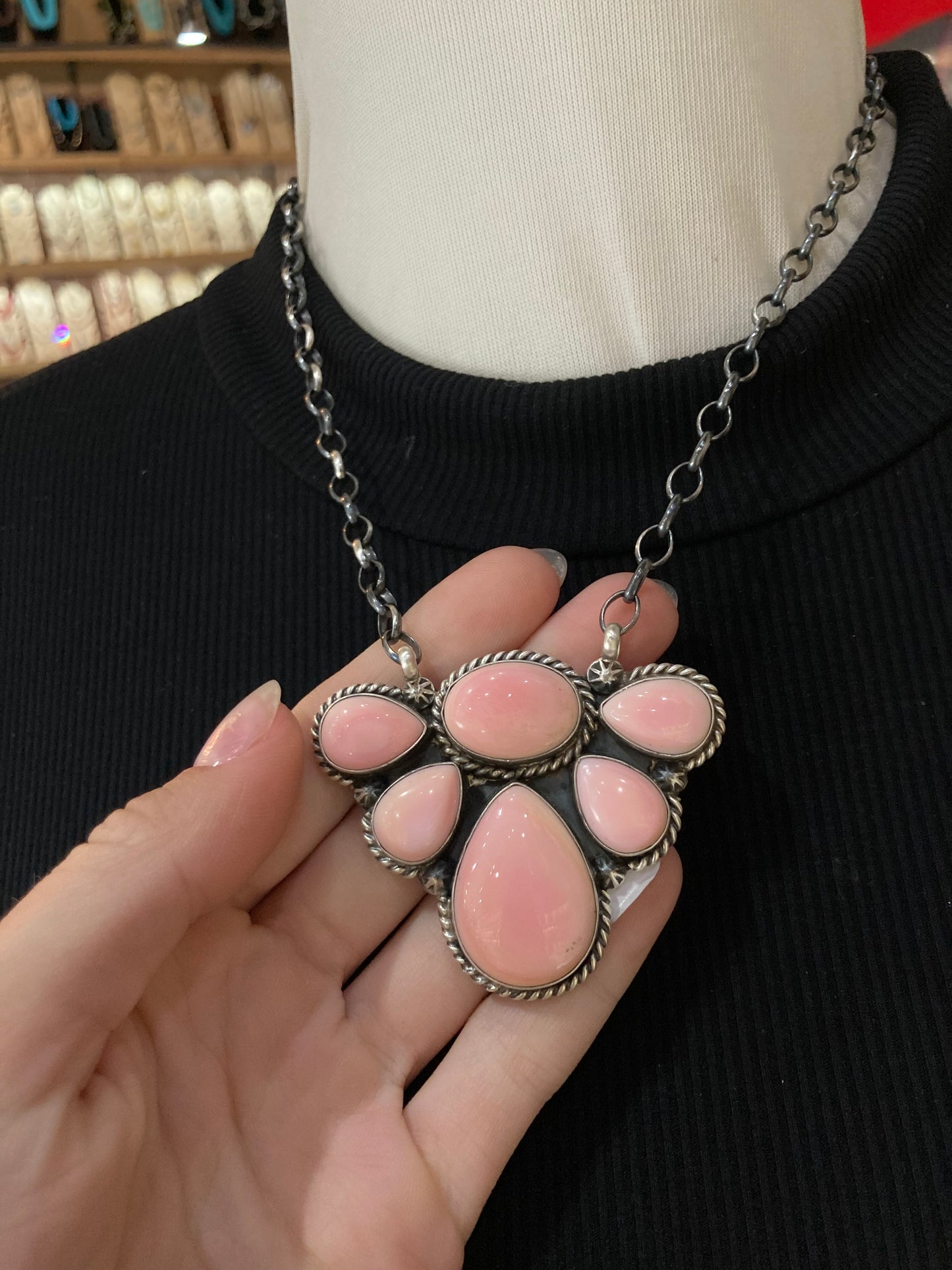 18" 6 Stone Pink Conch Shell Cluster Necklace by Eugene Belone, Navajo