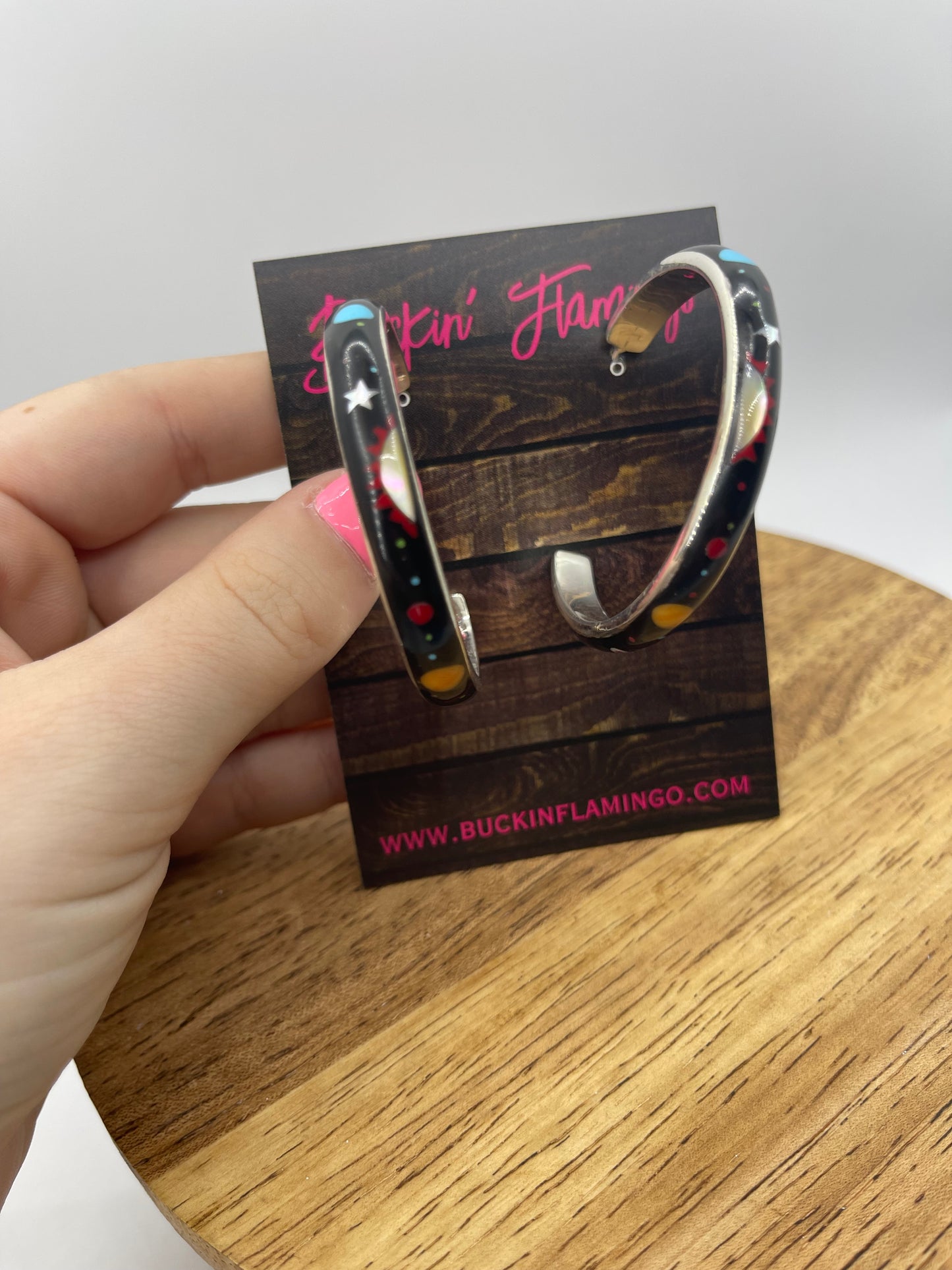 Micro Cosmic Inlay Post Hoop Earrings (Pattern Varies)