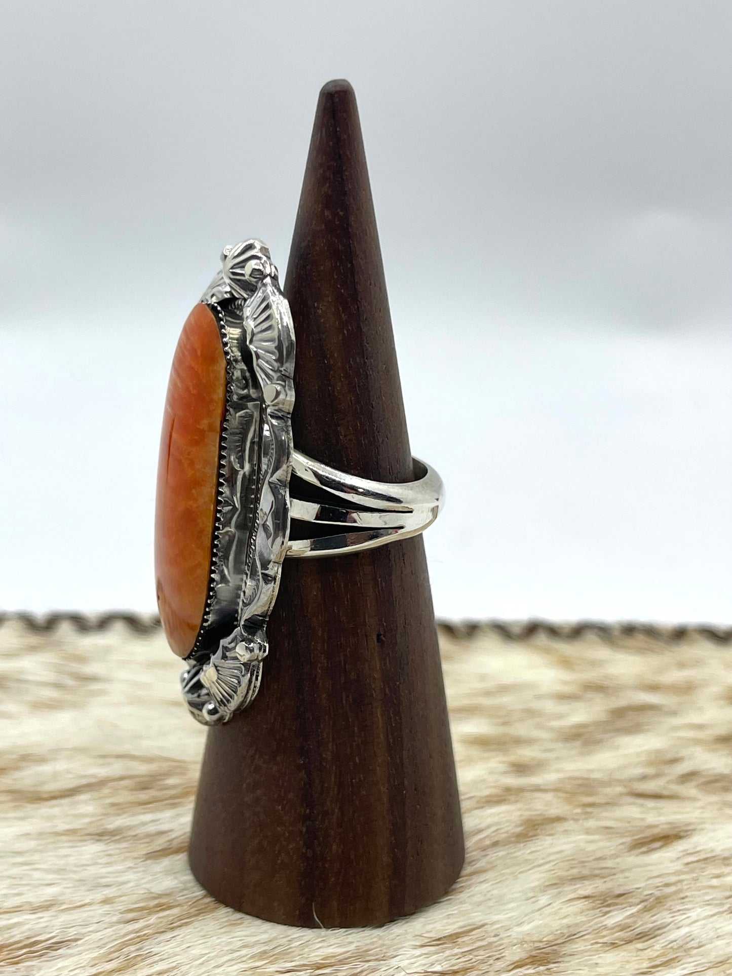 7.0 Orange Spiny Oyster Ring by Emerson Delgarito, Navajo
