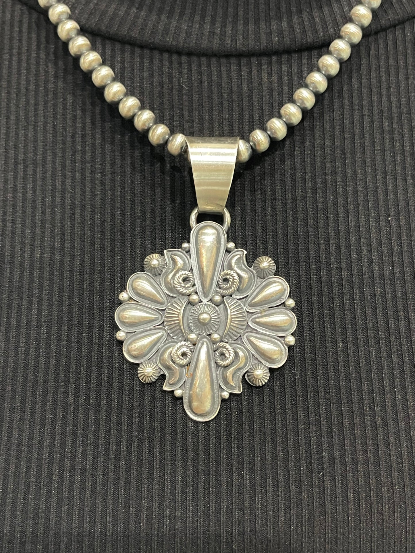 18" 5mm Navajo Style Pearls Silver Concho Pendant by Derrick Gordon, Navajo
