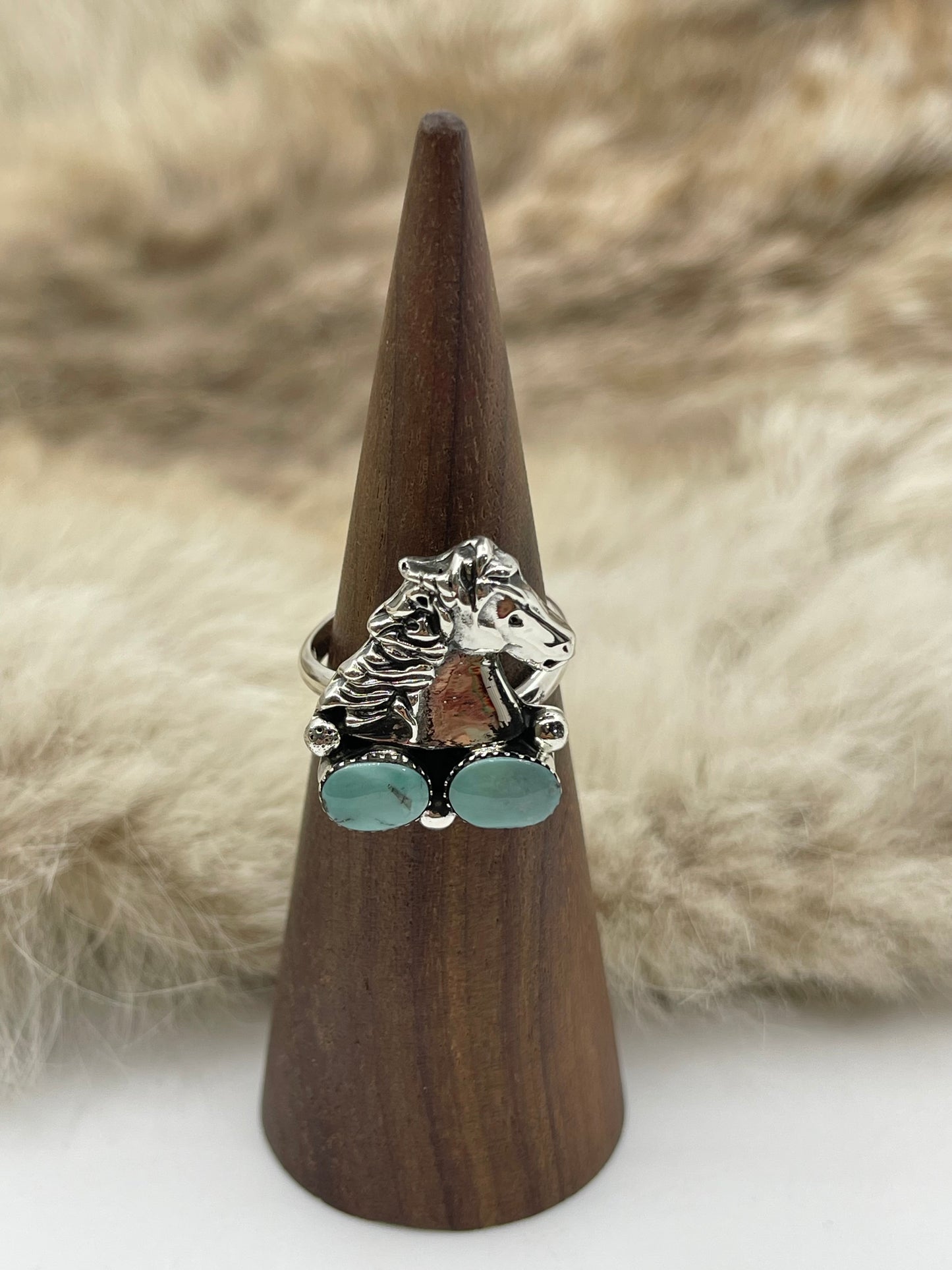 6.5 Horse with 2 Turquoise Stones Semi-Adjustable Ring by Sonyei Coho, Navajo