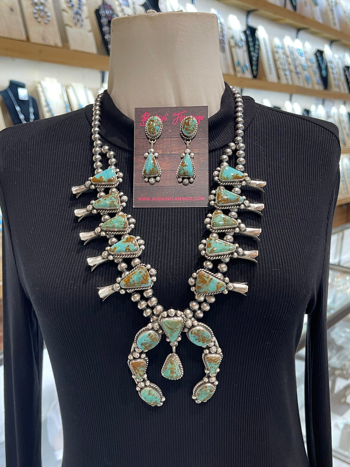 26" Kingman Turquoise Squash Blossom and Earring Set by Augustine Largo, Navajo