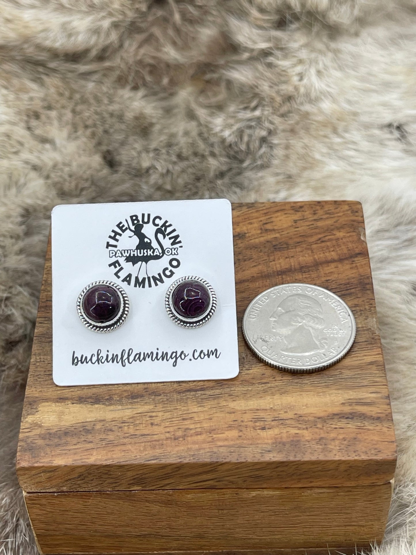 Purple Spiny Oyster Round Post Earrings with Silver Rope Border