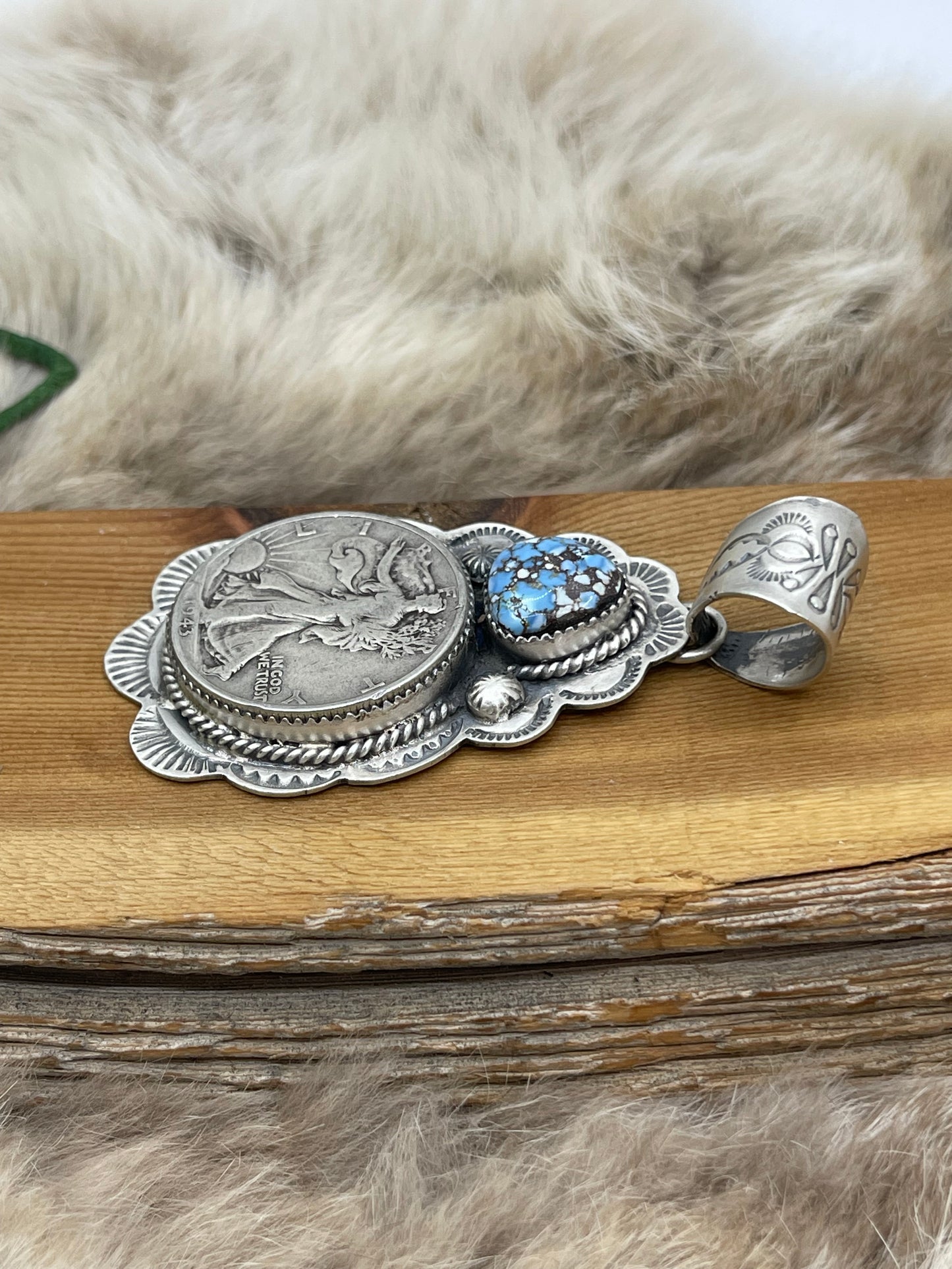 1943 Silver Walking Liberty Coin and Golden Hills Turquoise Pendant