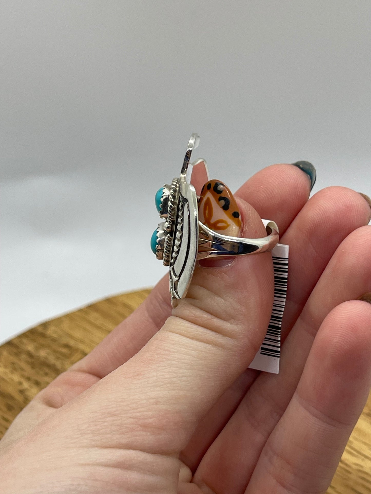 6.0 2 Stone Turquoise Thunderbird Ring by Alice Sanders, Navajo
