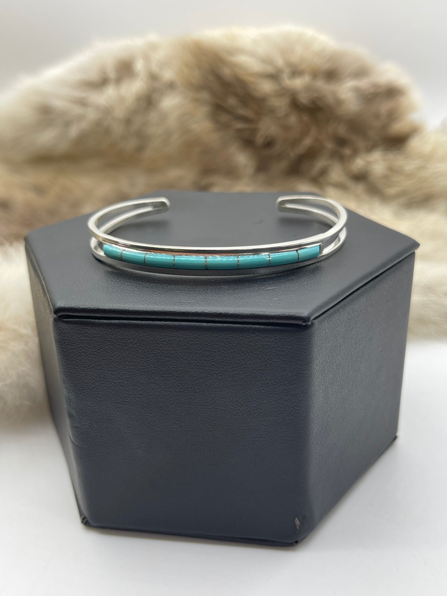 6"-6.5" Turquoise Inlay Thin Stacker Cuff by Anson Wallace, Zuni
