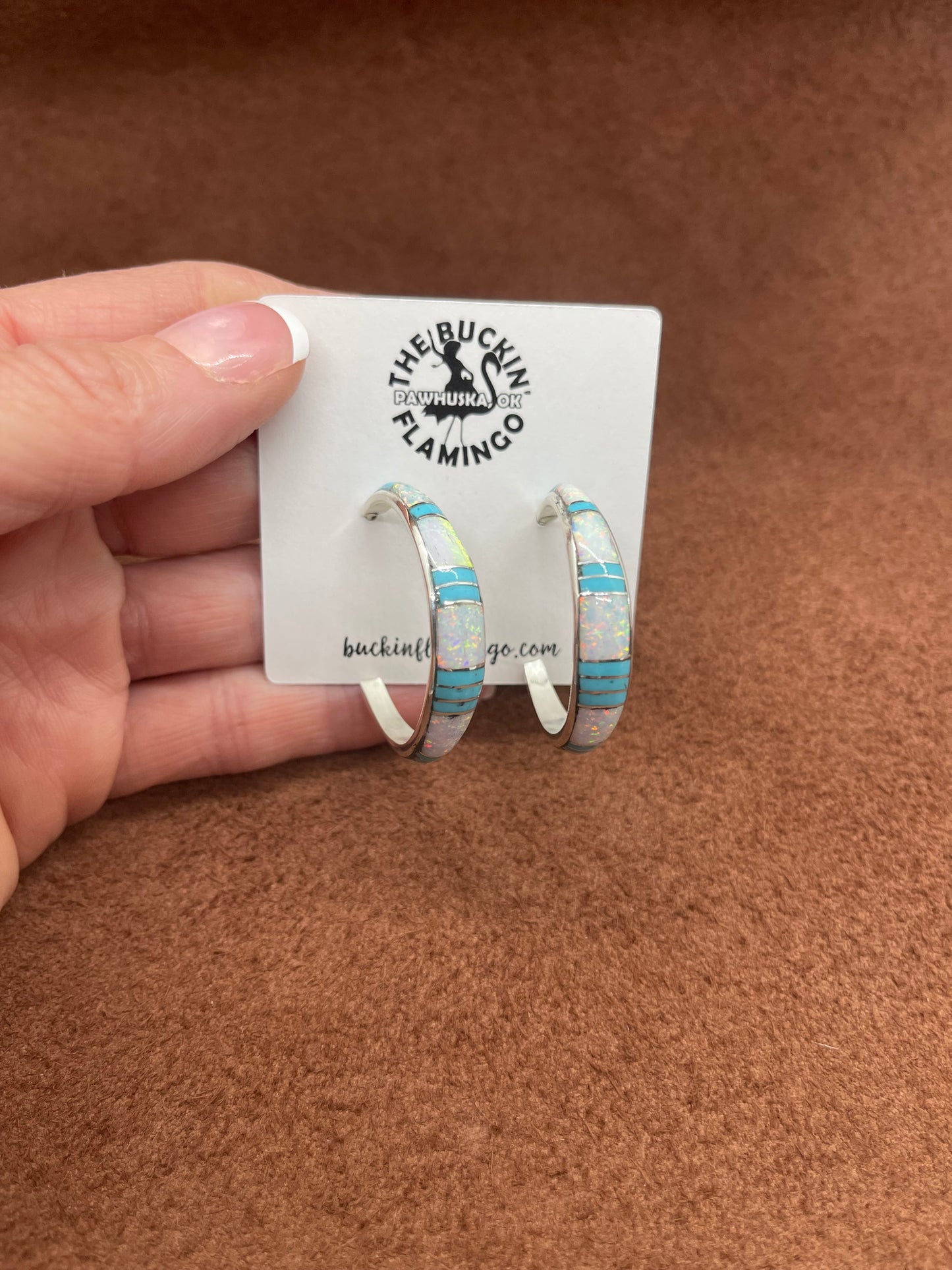 Turquoise and White Opal Inlay Half Hoop Post Earrings by Kerrie Peina, Zuni