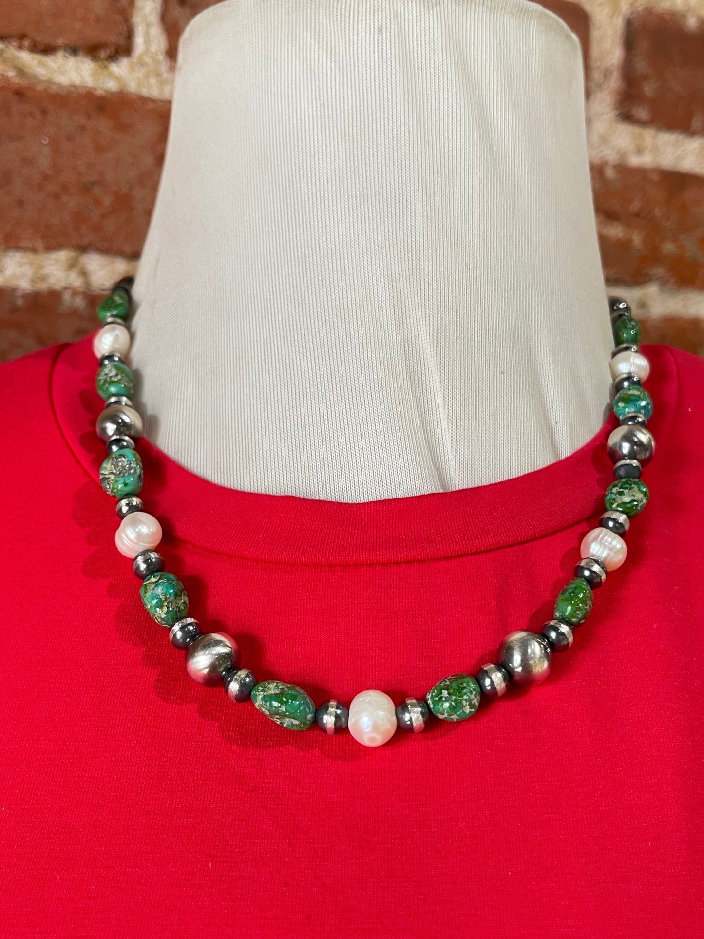 19" 6mm-10mm Sonoran Gold Turquoise, Freshwater Pearls, and Navajo Pearls Necklace
