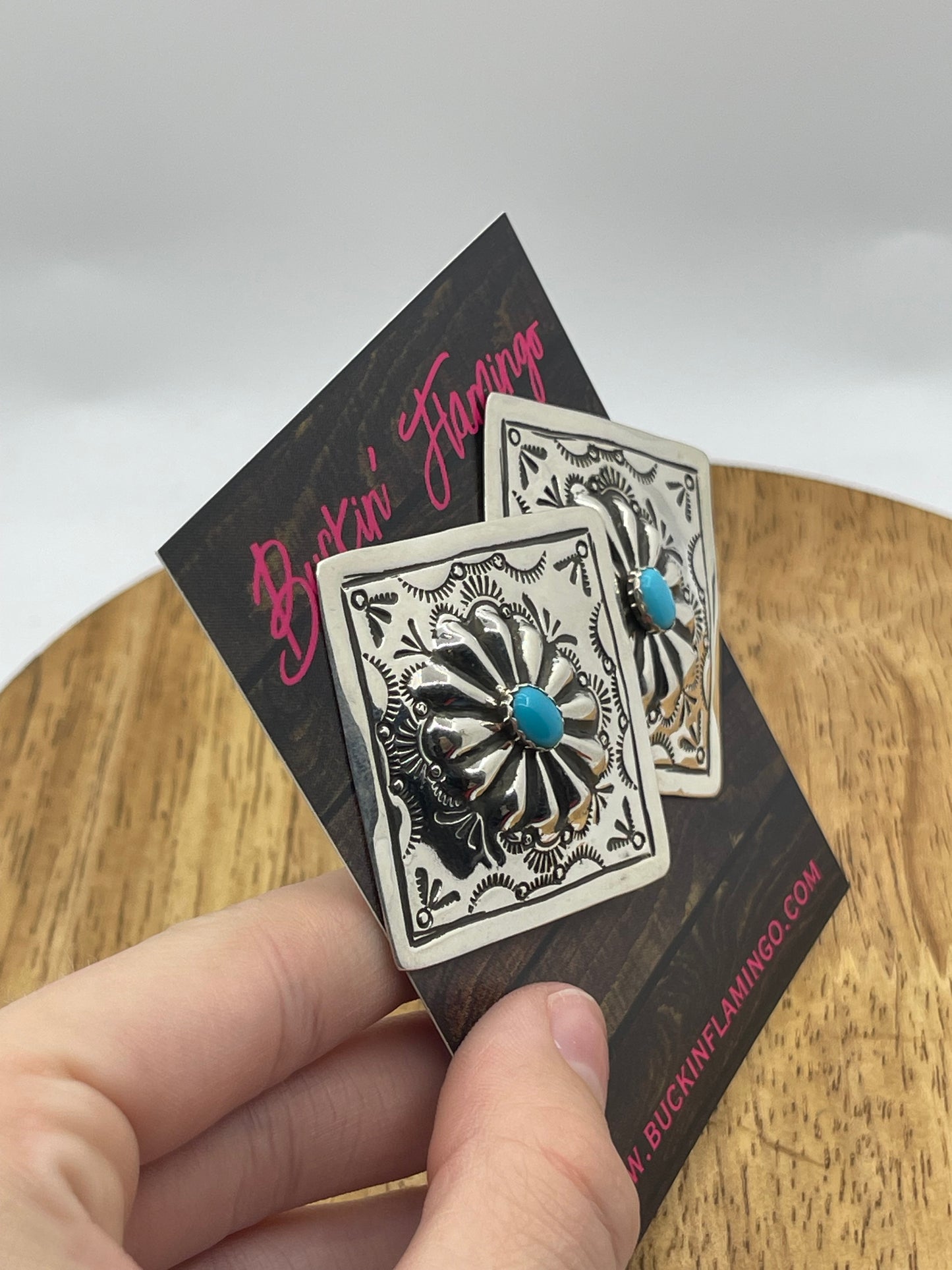 Concho Turquoise Post Square Earrings by Genevieve Blackgoat, Navajo