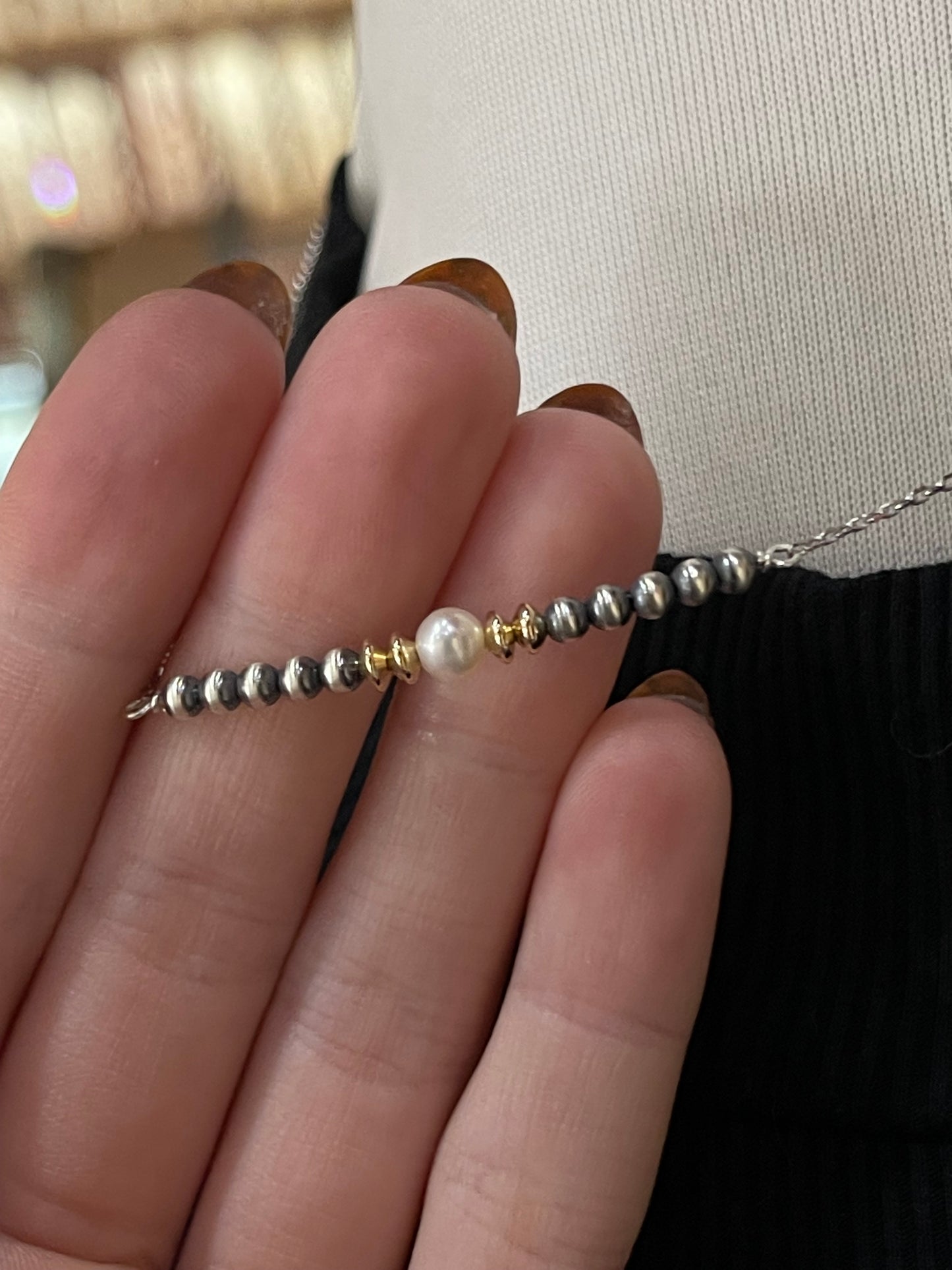 16" 3mm Navajo Pearl, 5mm Freshwater Pearl, and 4mm 14k Gold Filled Beaded Necklace