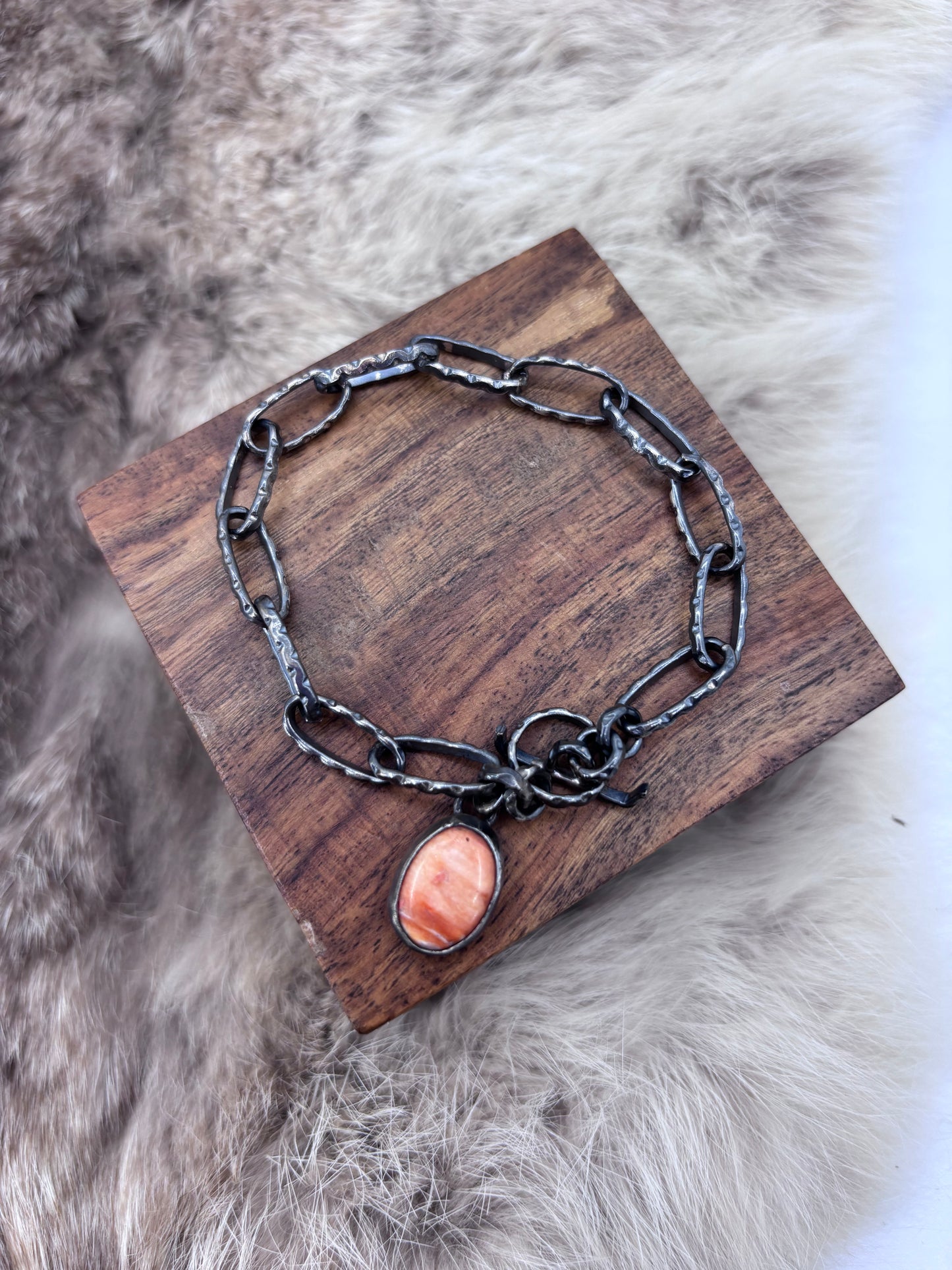 7" Paperclip Chain Bracelet with Spiny Oyster Stone by Bad Bronc