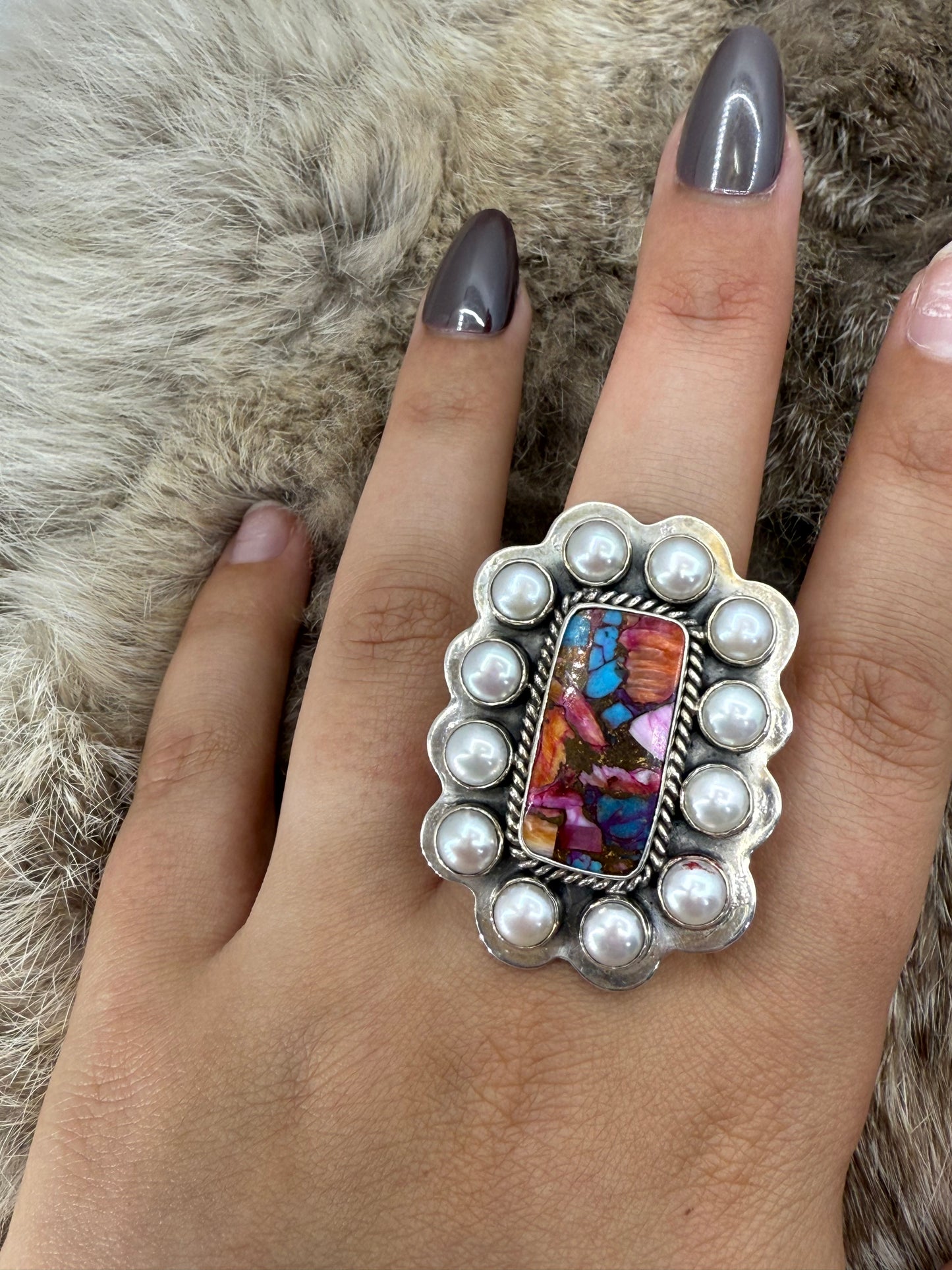 Pink Dahlia & Fresh Water Pearls Adjustable Ring