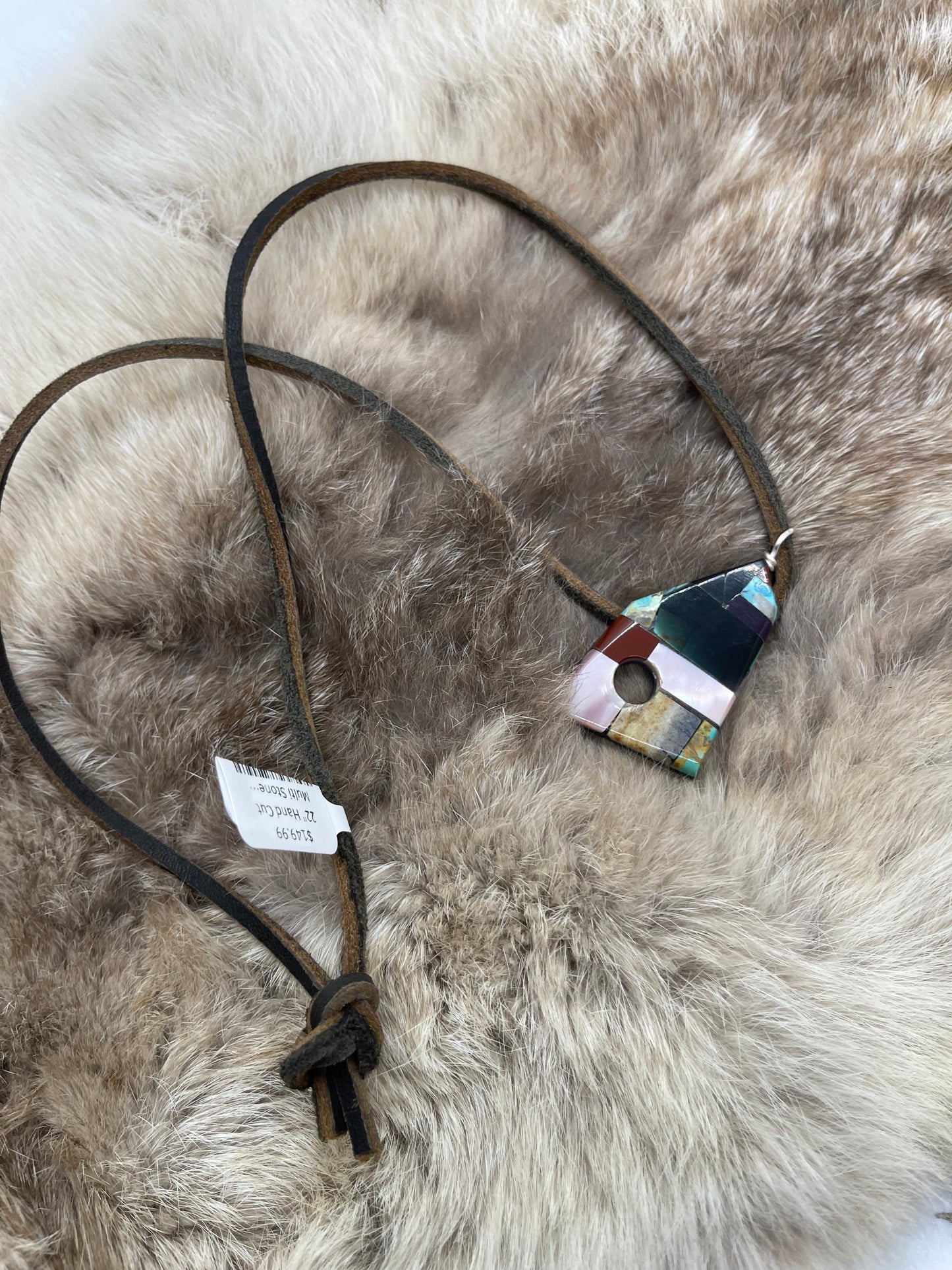 22" Hand Cut Multi Stone Leather Necklace by Charles Bird, Santo Domingo