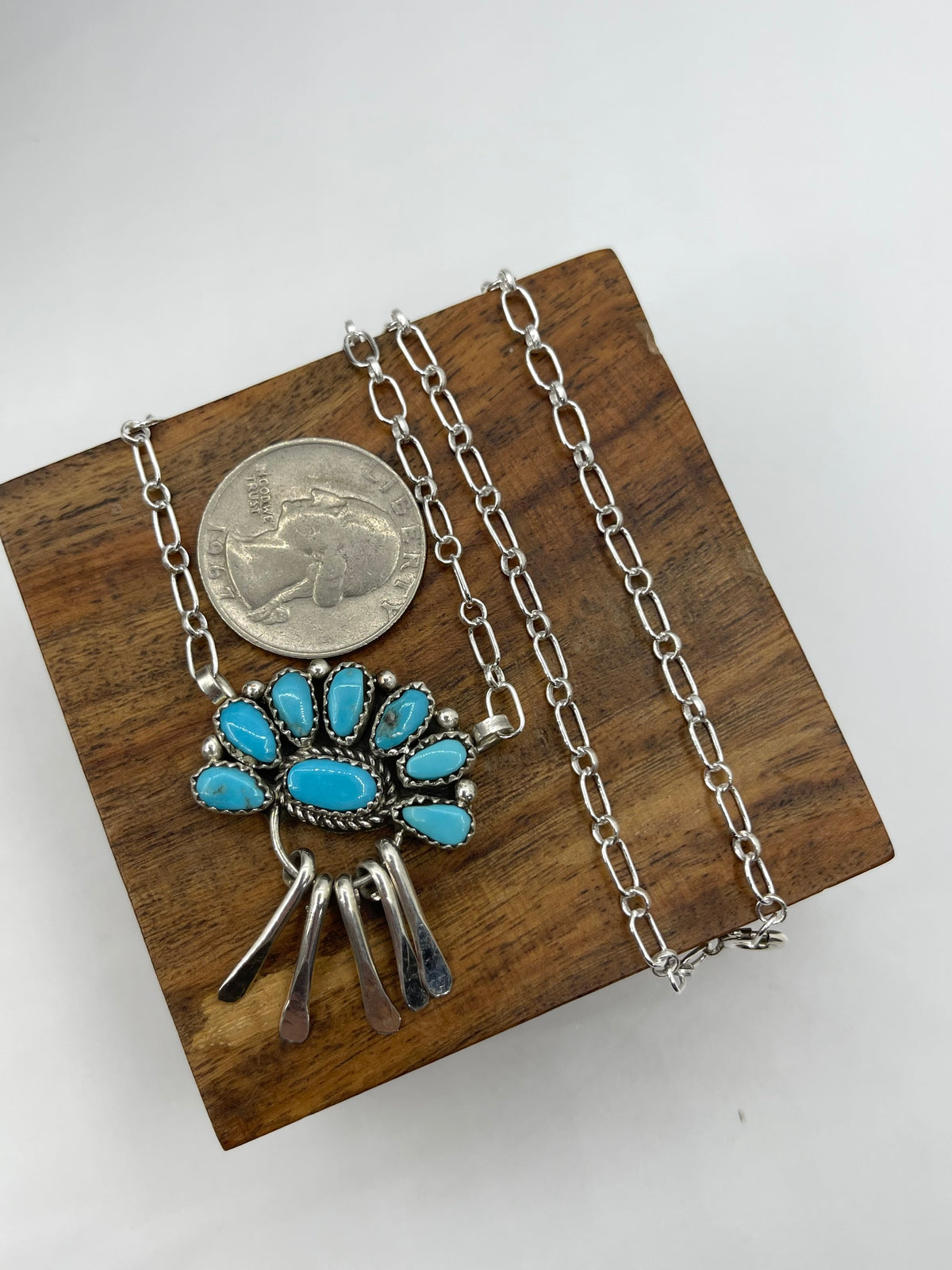 16" Half Cluster Necklace w/Fringe Kingman Turquoise by Justina Wilson, Navajo
