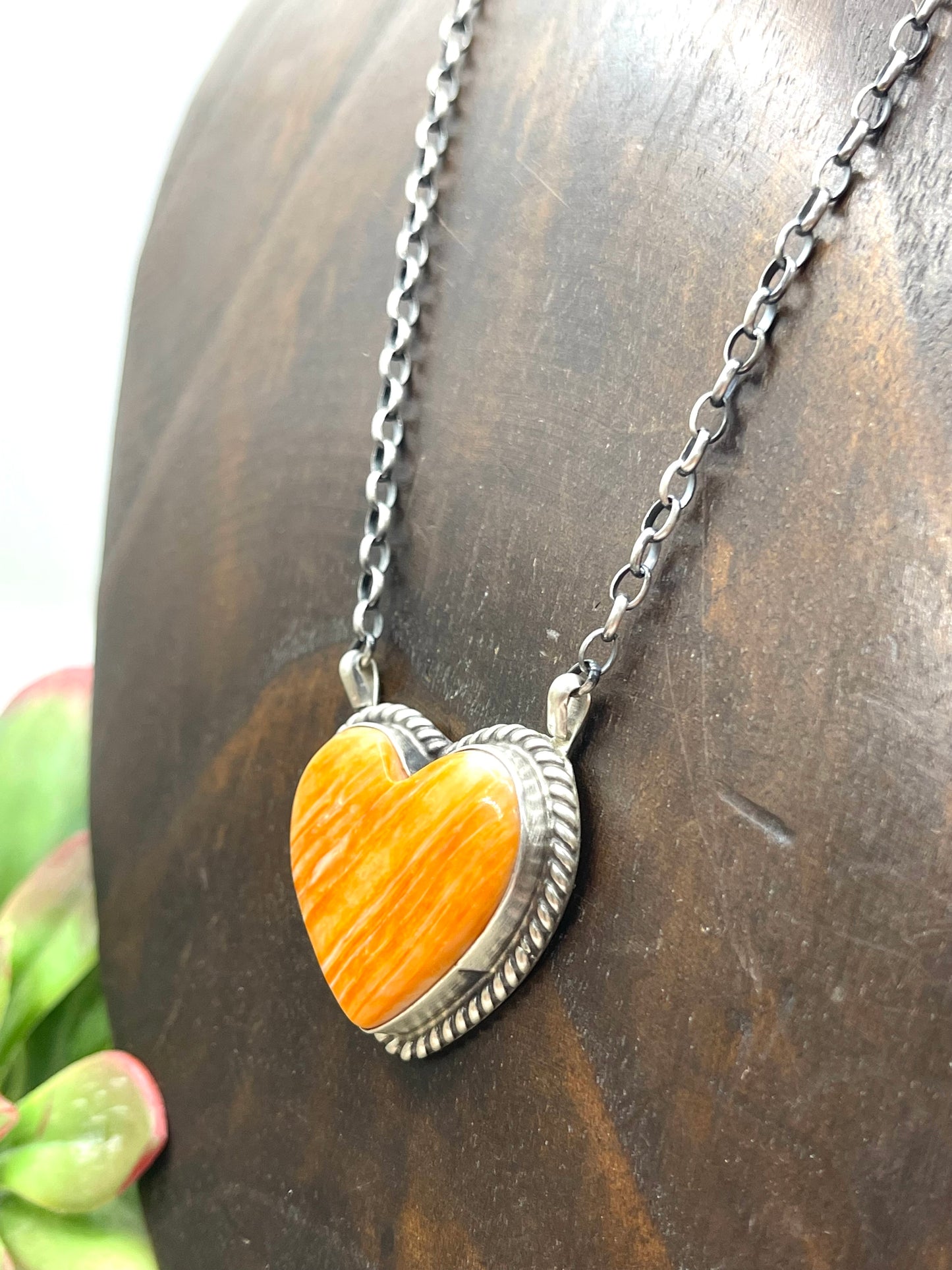 17" Orange Spiny Oyster Heart Shaped Necklace by Johnny Dixon, Navajo