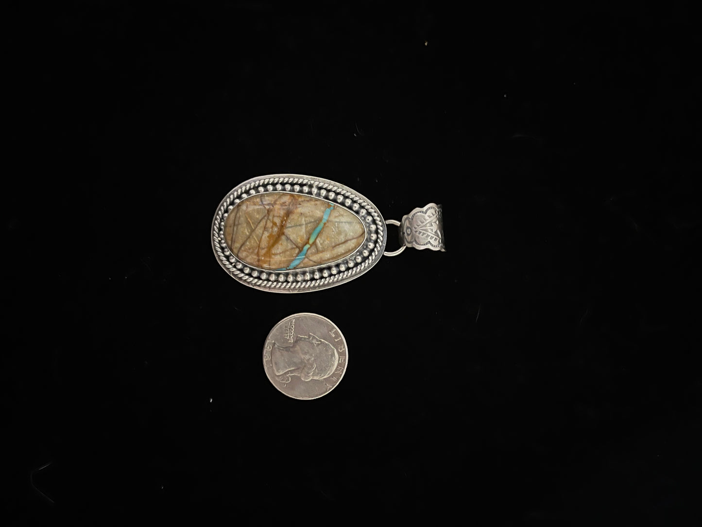 Boulder Ribbon Turquoise Oval Pendant with an 8.5mm Bale by Kevin Begay, Navajo