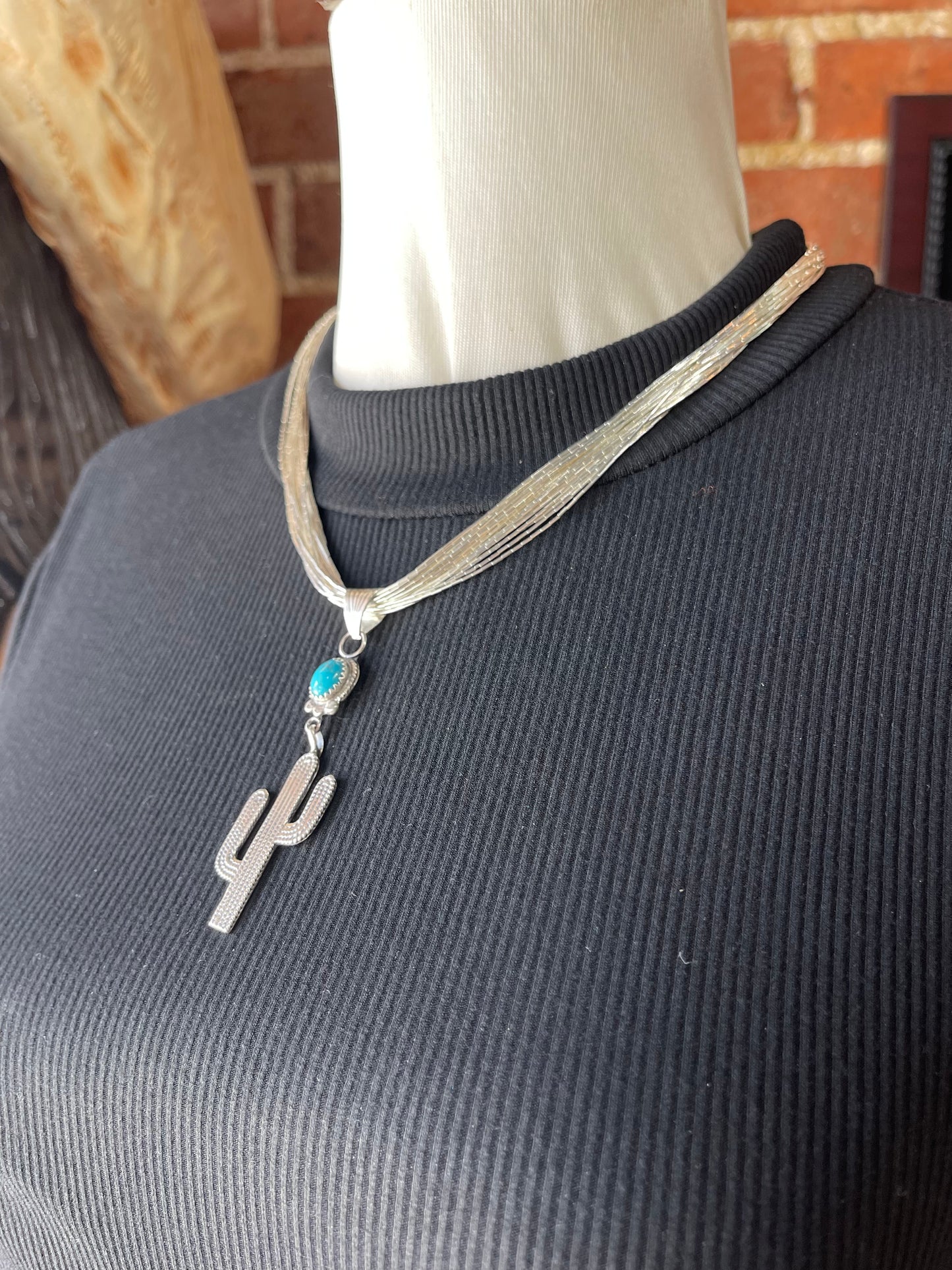 18" 30 Strand Liquid Silver Necklace with a Turquoise Cactus Pendant