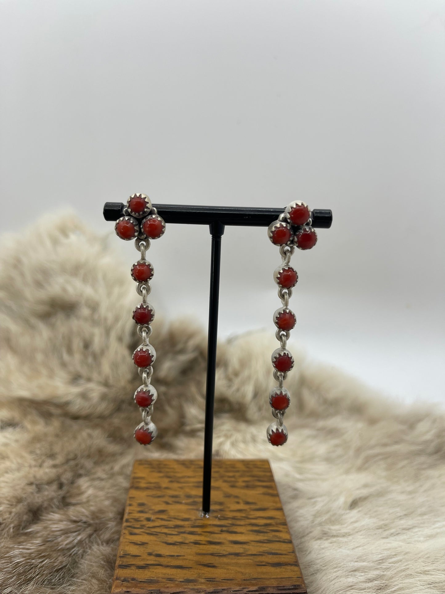 Red Coral Cluster Long Dangle Earrings