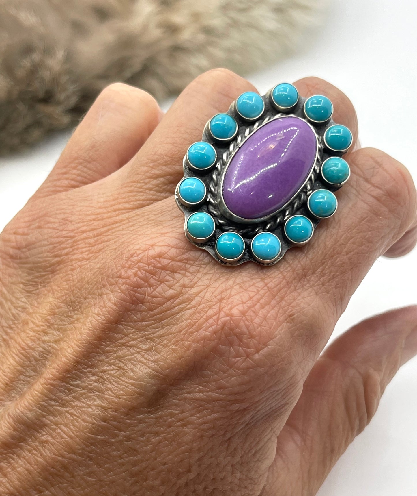 6.5 Turquoise & Purple Desert Cluster Ring by J. Piaso Jr., Navajo