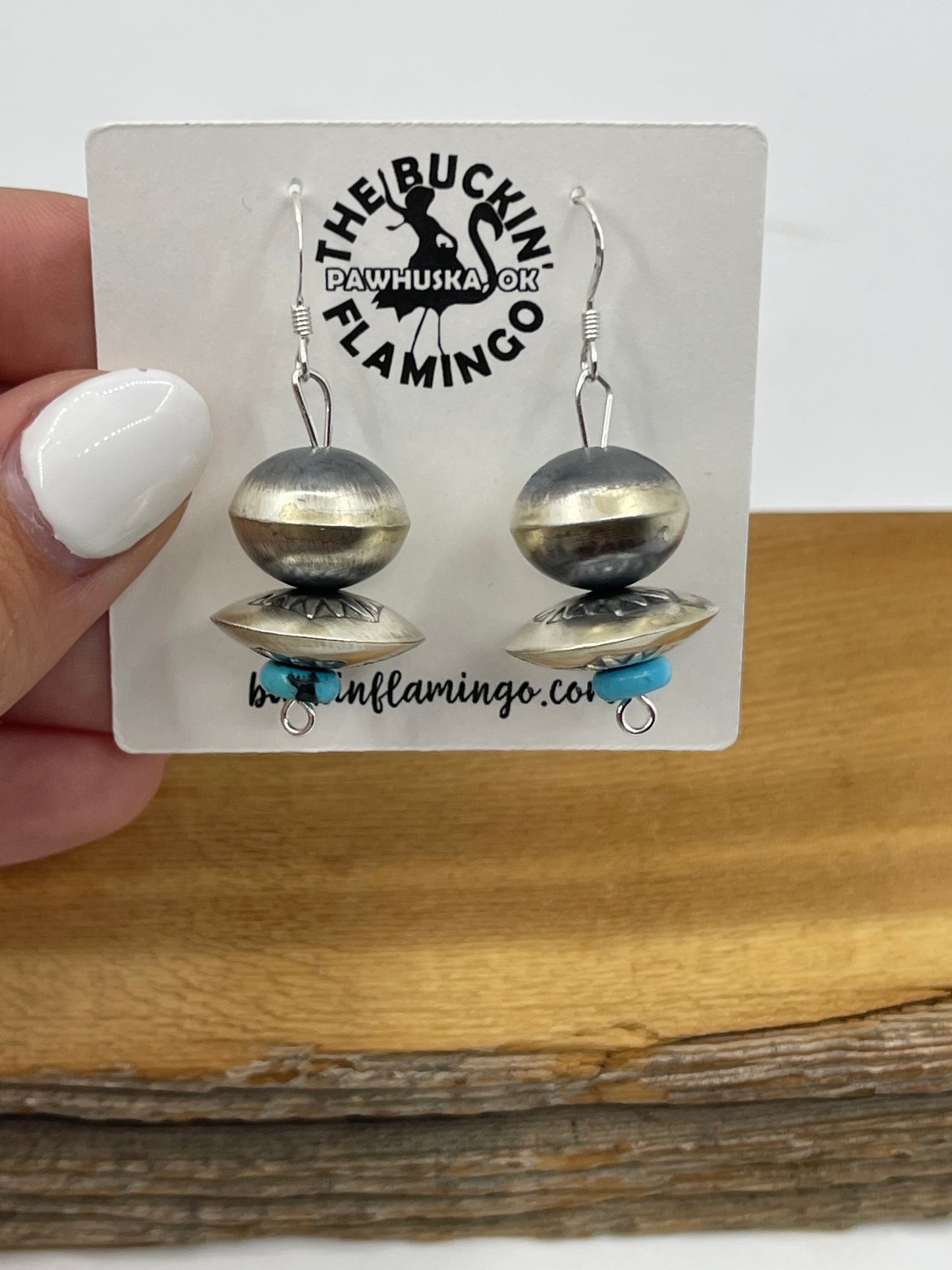 14-17mm Handmade Navajo Pearl Dangle Earrings with Turquoise by Tylena Nez, Navajo