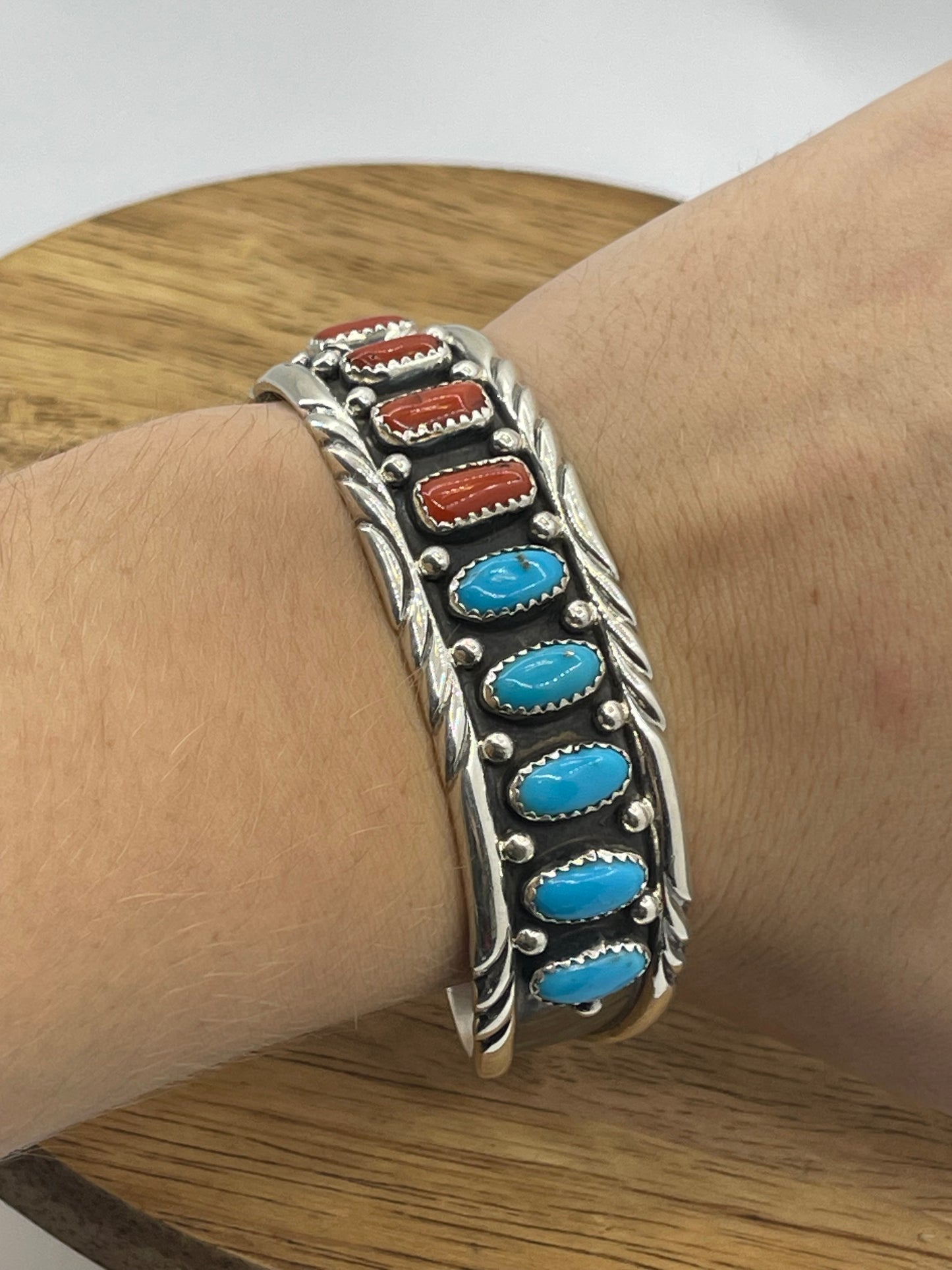Red Coral and Blue Sleeping Beauty Turquoise Cuff by Reed Charley, Navajo