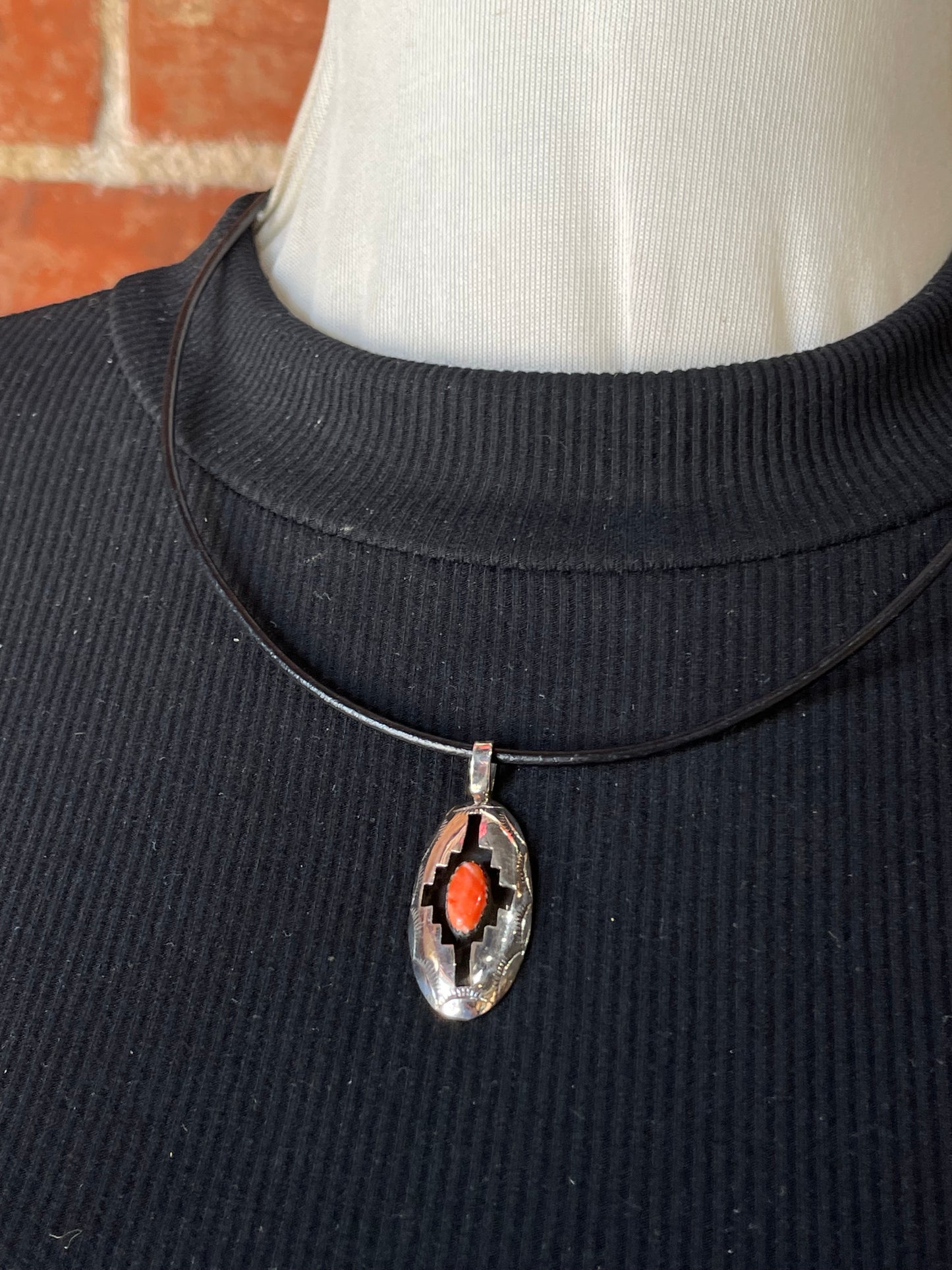Shadow Box Pendant with Reddish Orange Spiny on a 20" Leather Necklace by Felix Perry