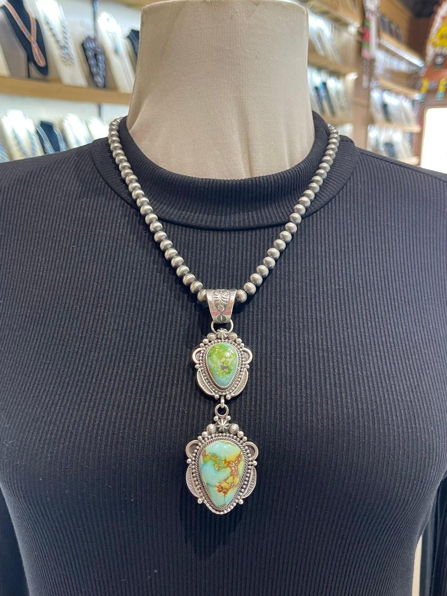 Sonoran Gold Turquoise 2 Stone Pendant on 7mm 20" Pearls by Tom Lewis, Navajo